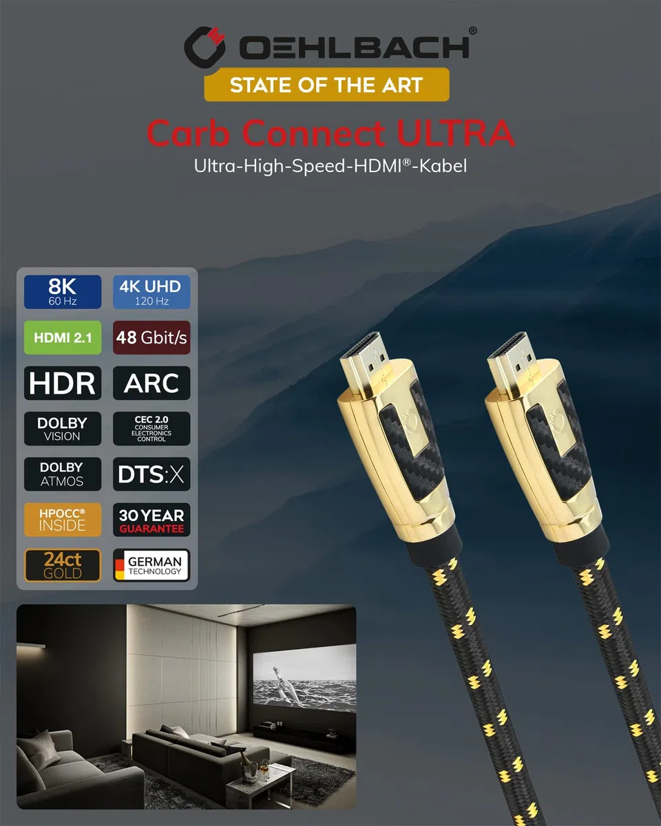 OEHLBACH Kabel Carb Connect Ultra High Speed HDMI 2.1-48 Gb/s, 8K/60Hz, 4K/120Hz, monokrystaliczna miedź HPOCC, styki pozłacane 24-karatowym złotem, 4-drożne ekranowanie, pełne metalowe złącze
