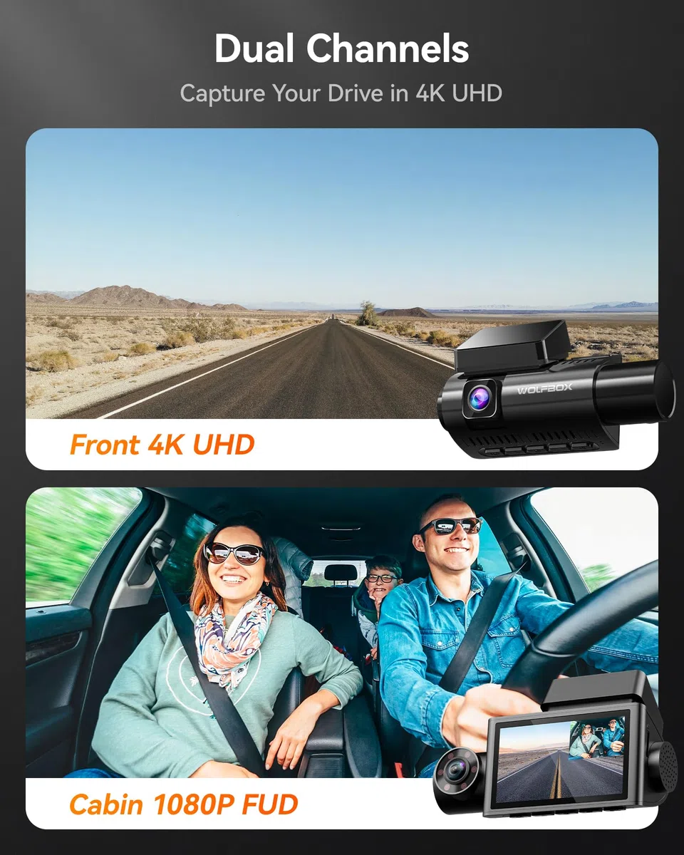 WOLFBOX i07 Kamera samochodowa, 3-kanałowa z WiFi GPS, 4K+1080p, z przodu i wewnątrz, 2.5K+1080p, 3" LCD super IR noktowizor,24-godzinny monitor parkowania, maks 512 GB"}