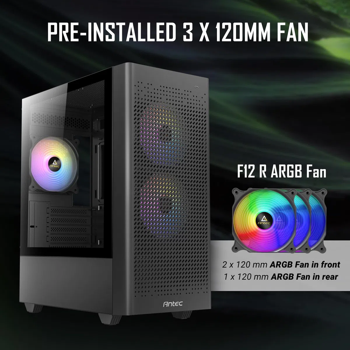 ANTEC NX500M ARGB, panel przedni z siatki o wysokim przepływie powietrza, typ C 3.2 Gen2 Ready, 3 x wentylatory ARGB 120 mm w zestawie, panel boczny ze szkła hartowanego, do 6 wentylatorów, obsługa