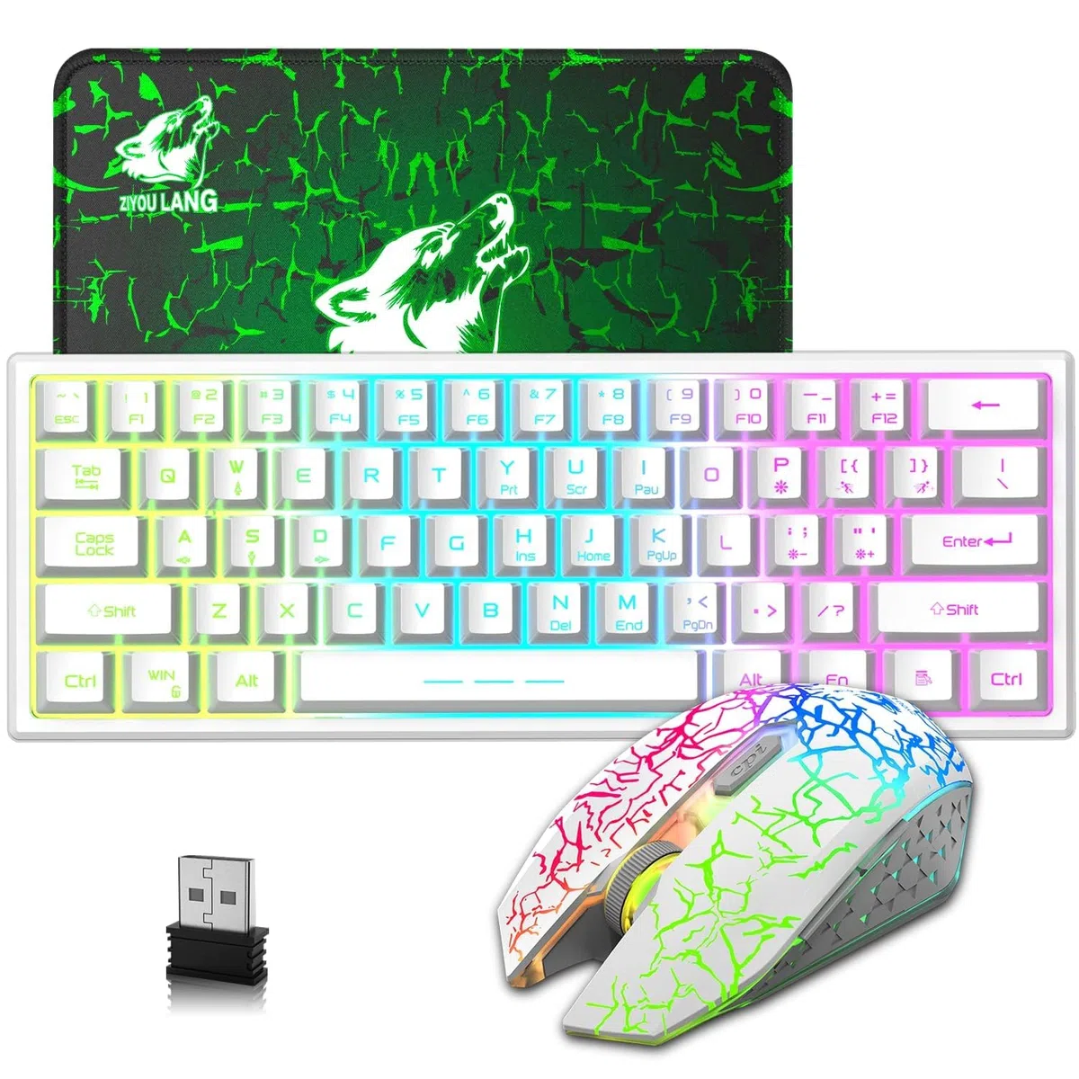 60% Kompaktowy 2.4G Bezprzewodowa Klawiatura I Mysz Do Gier 3800mAh Type-c Ładowalna Klawiatura RGB Klawiatura Mechaniczne Odczucie 2400 DPI Światło Światła Oddechowe Mysz Na PC Laptop - Biały