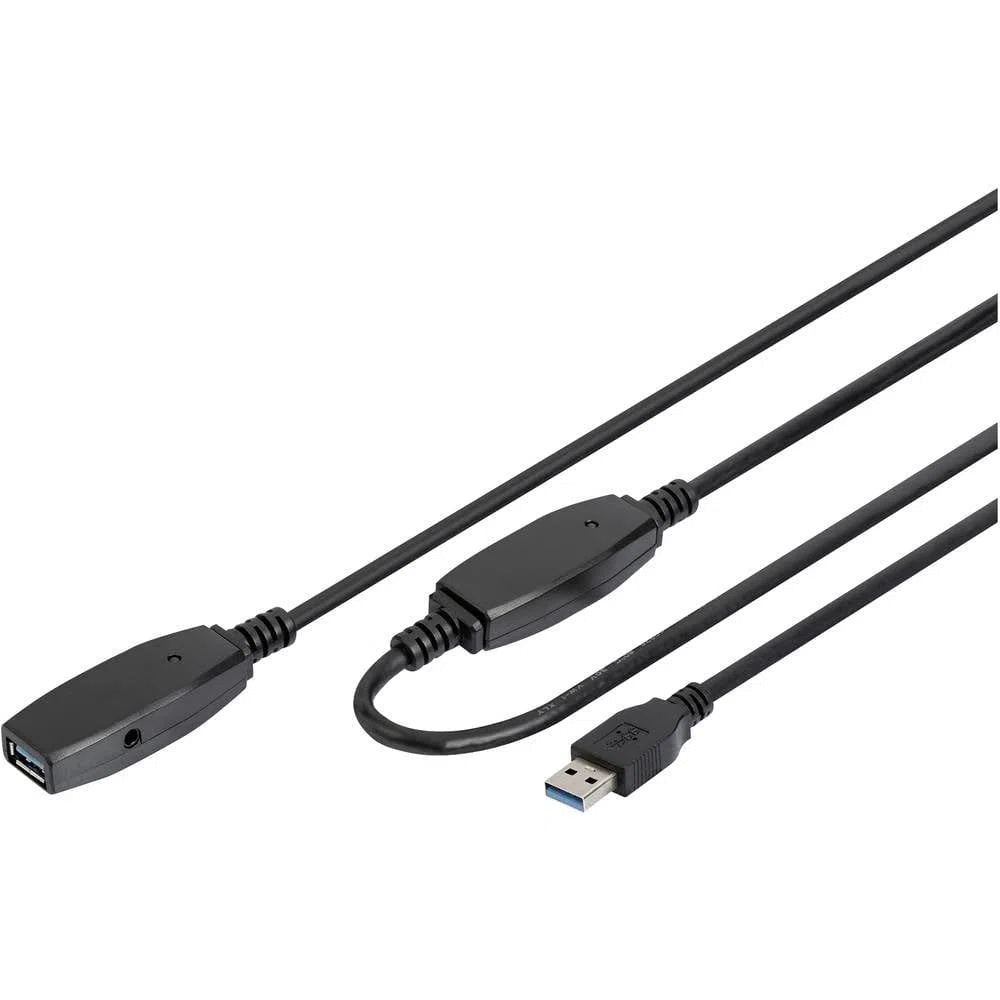 DIGITUS Aktywny przedłużacz USB 3.0 - Kabel repeater - USB A męski do USB A żeński - 20m - 5 Gbit/s - Plug & Play - Hotswap - Wskaźnik funkcji LED - czarny