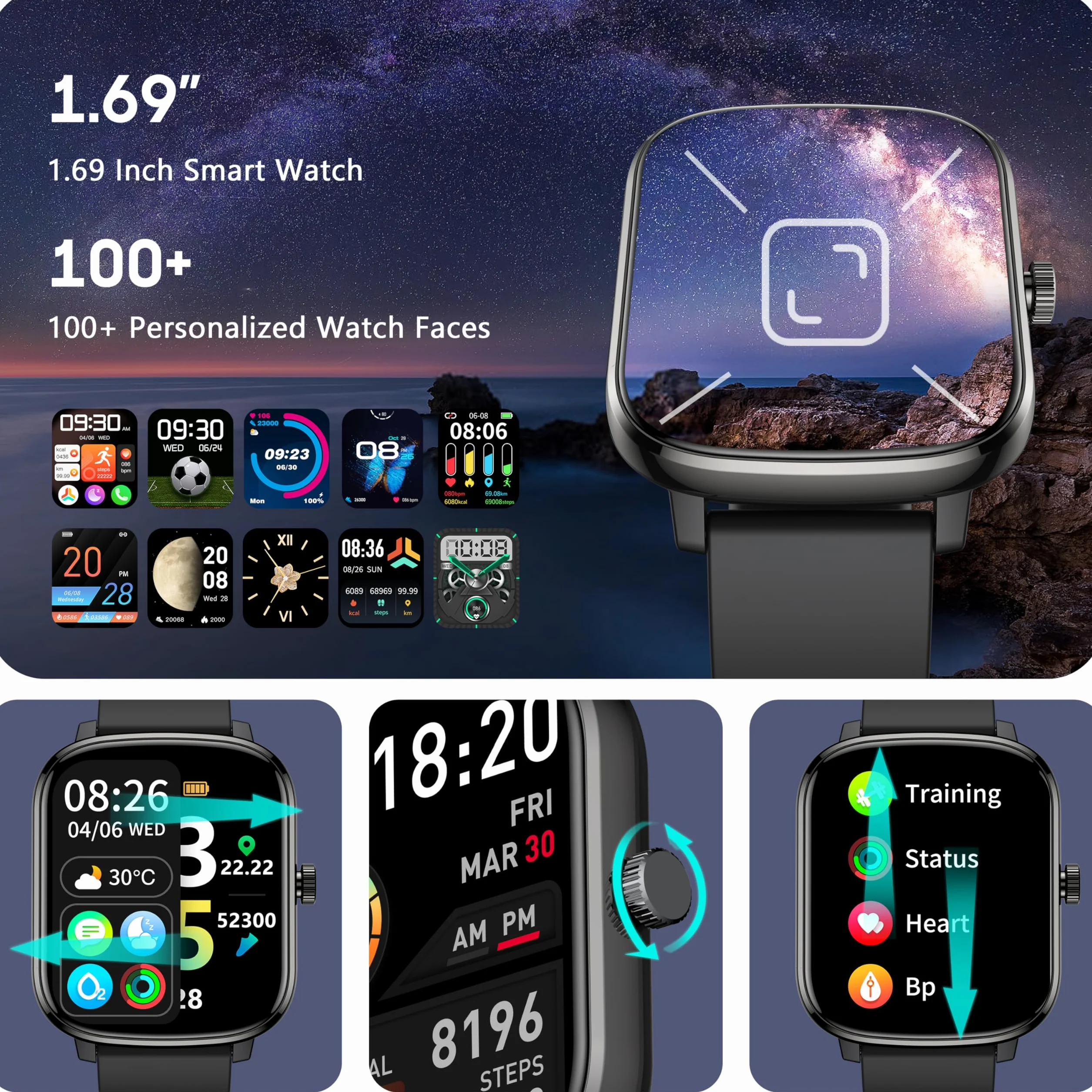 KALINCO Smartwatch dla kobiet i mężczyzn, 1,69" 100+ trybów sportowych, pulsometr, SpO2, inteligentny zegarek Android