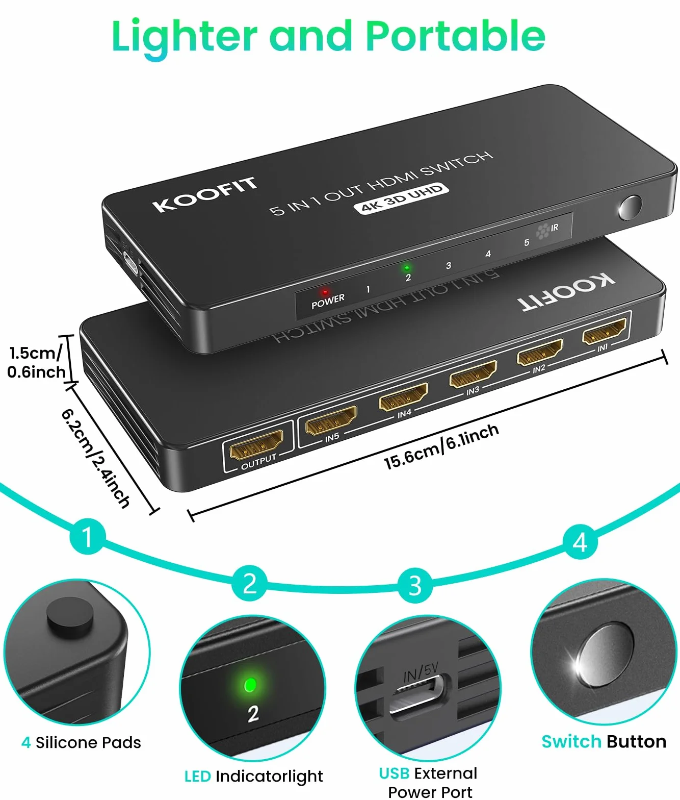 Przełącznik HDMI 5 wejść 1 wyjście, przełącznik rozdzielacz HDMI 4K z pilotem, automatyczny przełącznik obsługuje 4K 3D UHD HDR dla PS5, PS4, PS3, Roku, DVD, Blu-ray, Xbox, PC, TV