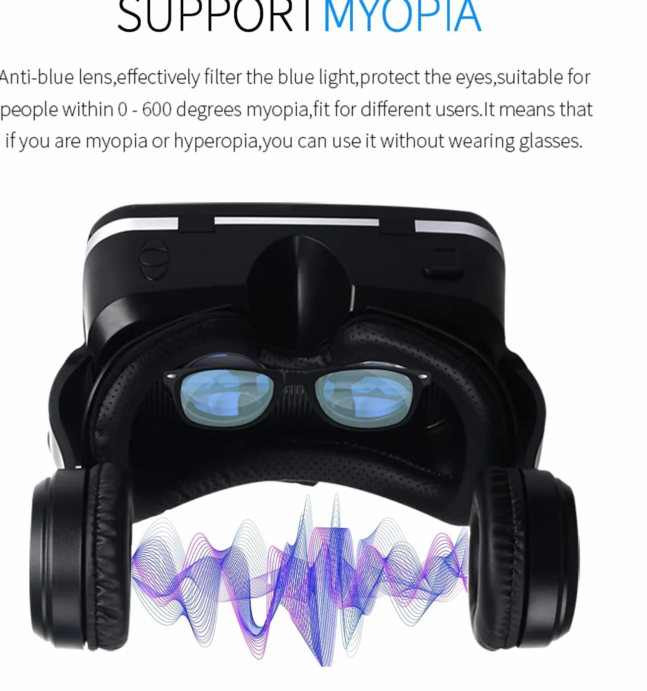 Okulary NK VR do smartfonów ze słuchawkami - Inteligentne okulary wirtualnej rzeczywistości 3D z dźwiękiem do smartfonów w zakresie od 4,7" do 6,53", kąt widzenia 90-100º, obrót o 360º, regulowany obiektyw i źrenica - czarne