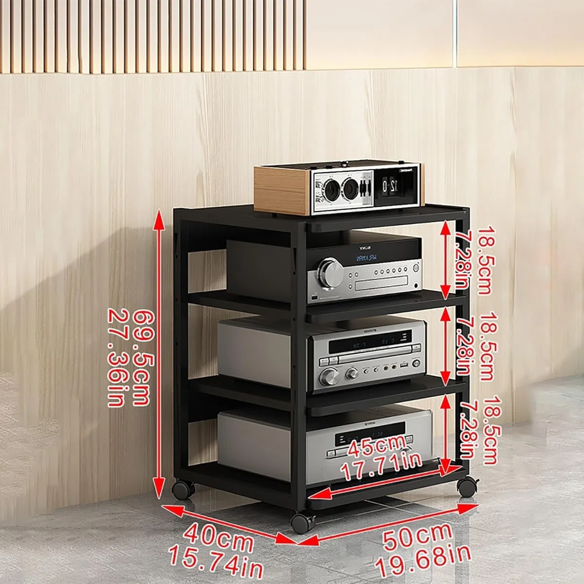 Stojak na sprzęt audio HiFi, 3/4-poziomowy stojak na sprzęt audio-video z kółkami, wielofunkcyjne, drewniane półki z regulacją wysokości, do przechowywania wzmacniacza/dekodera TV/drukarki (styl