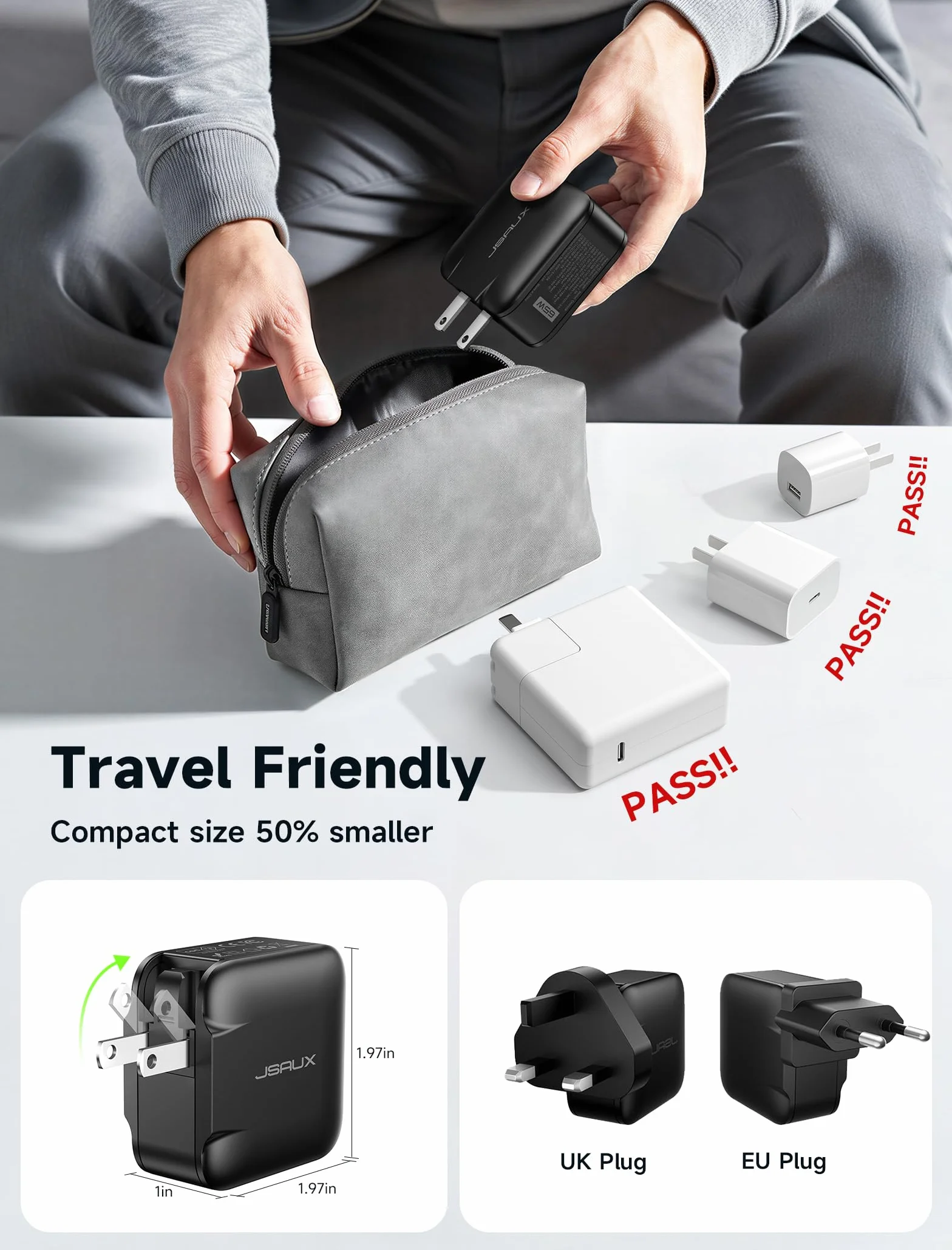 JSAUX Ładowarka USB C 65 W 3-portowa PPS z kablem 2 m UK/EU do MacBook iPad iPhone Galaxy S25/S24 Ultra