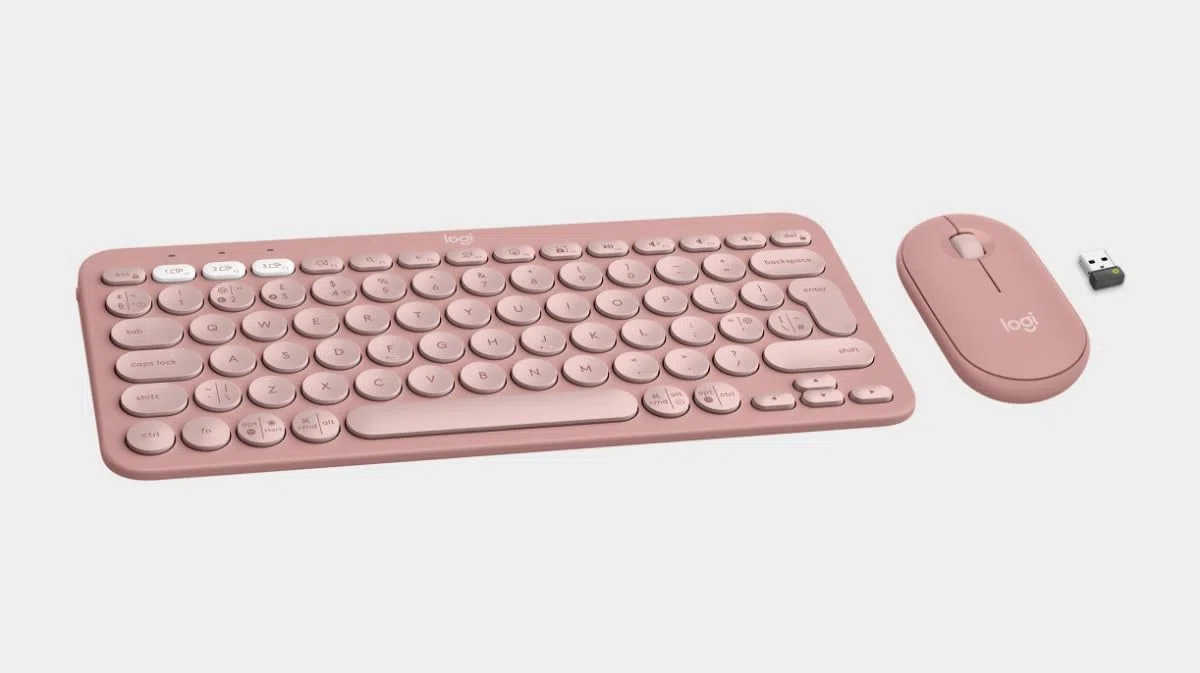 Logitech Pebble 2 Combo, bezprzewodowa klawiatura i mysz, cicha i przenośna, konfigurowalna, Logi Bolt, Bluetooth, Easy-Switch do Windows, MacOS, iPadOS, Chrome - różowy
