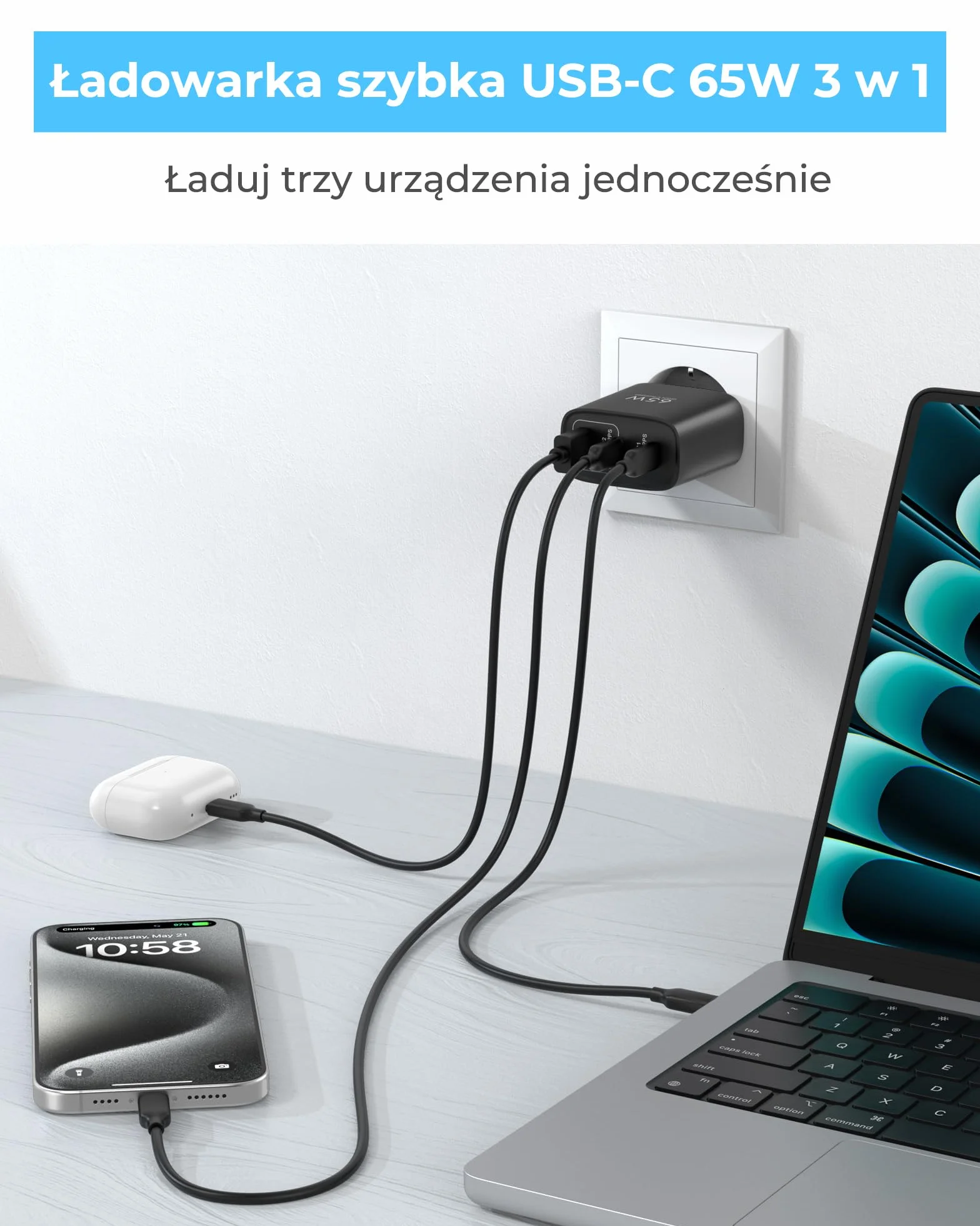 65W Ładowarka USB C 3-portowy zasilacz USB-C Szybka ładowarka PPS Ładowarka PD kompatybilna z MacBookiem Pro/Air, dla iPada Pro/Air, dla iPhone'a 16/16 Pro Max/15,Galaxy S24 Ultra, Pixel, Czarny