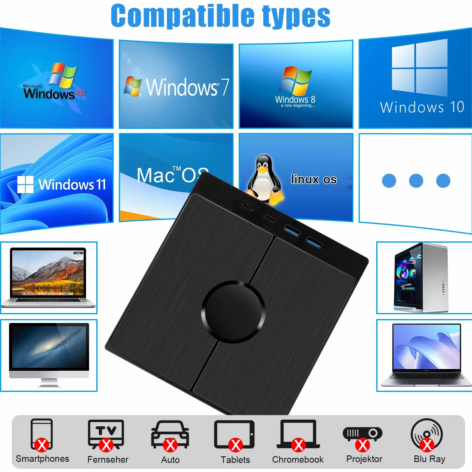 Zewnętrzny napęd CD/DVD, USB 3.0 Type-C, przenośna nagrywarka CD/DVD +/-RW z czytnikiem kart USB/SD/TF, do komputera, laptopa, MacBooka, Win11/10/8/7/XP