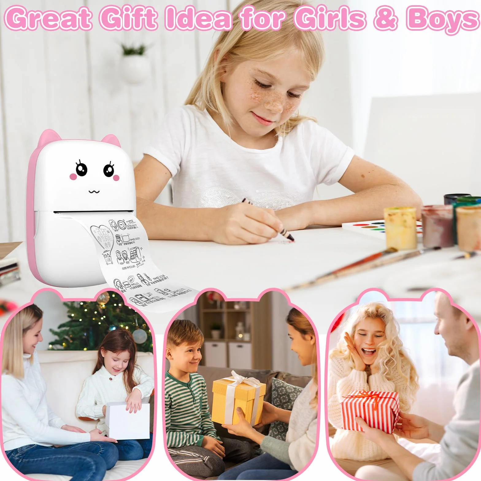 Mini Drukarka - Bluetooth Termiczna Drukarka do Smartfona, Zdjęć, Naklejek i Etykiet, Bez Tuszu, Szybki Druk Notatek, Stron Internetowych, Zdjęć i Stickerów （Różowy）