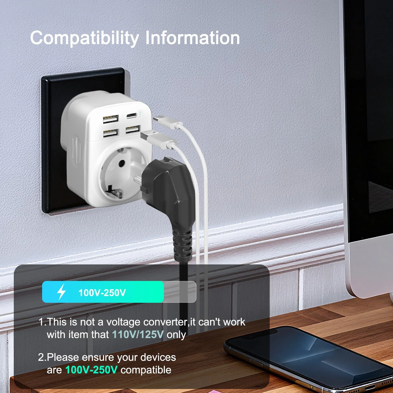 Hoppac Adapter do gniazda w języku angielskim 5 w 1, adapter typu G z 3 USB A i 1 USB C, brytyjski adapter do Irlandii, Hongkongu, Singapuru, Malty, Cypru, Zjednoczonych Emiratów Arabskich, Kataru