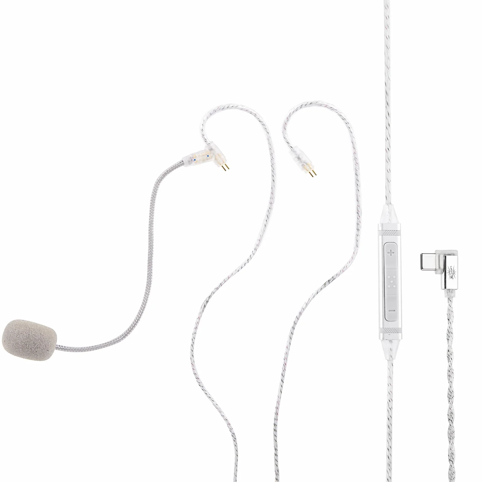 Linsoul Kiwi Ears S-Link Type-C kabel do słuchawek dousznych, kabel do słuchawek gamingowych z DAC+DSP, podwójnym mikrofonem, 3 trybami inteligentnego sterowania (Srebro, 2-pinowy)