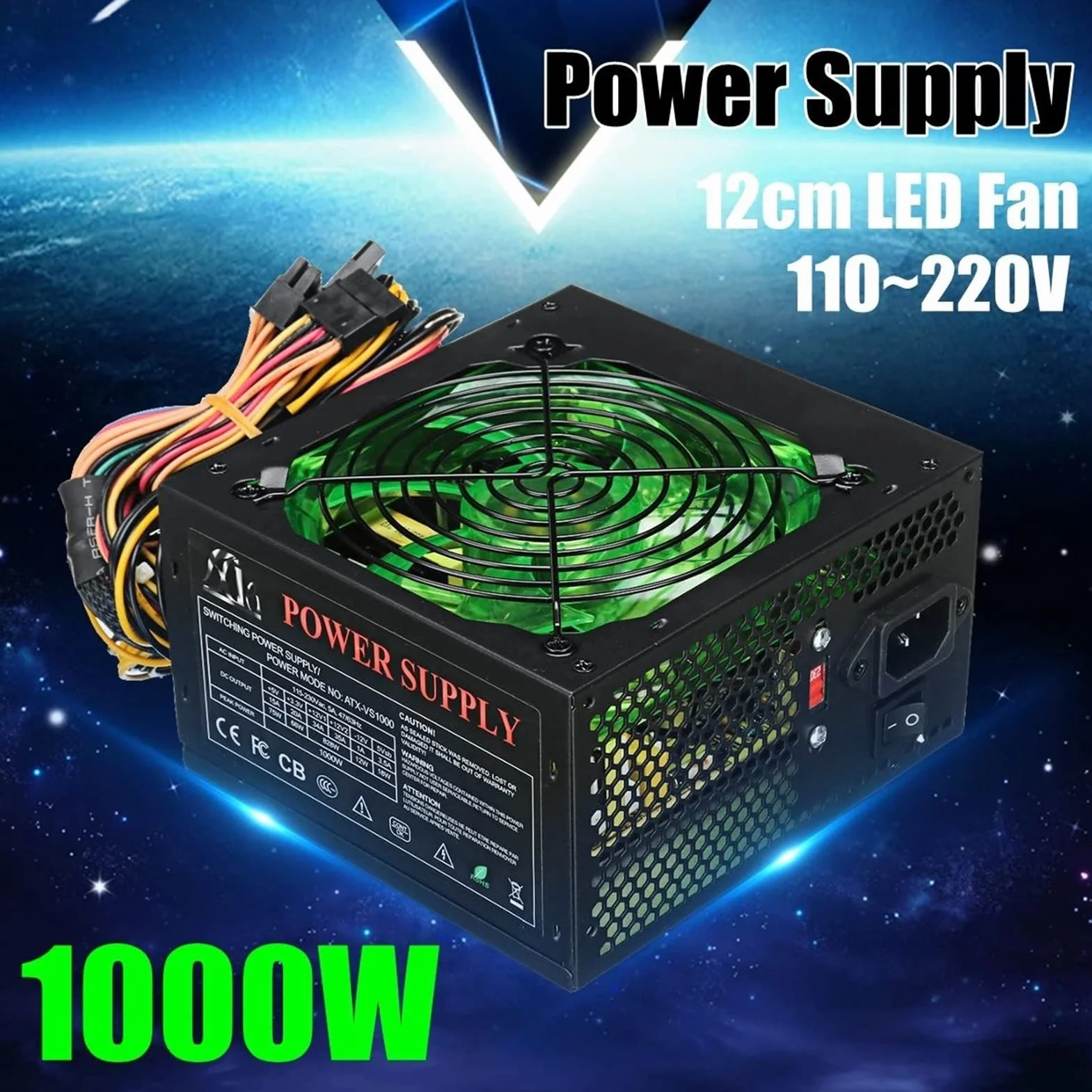 Zasilacz 1000 W 120 mm wentylator LED 24-pinowy PCI SATA ATX 12 V zasilacz komputerowy do obudowy komputera PC