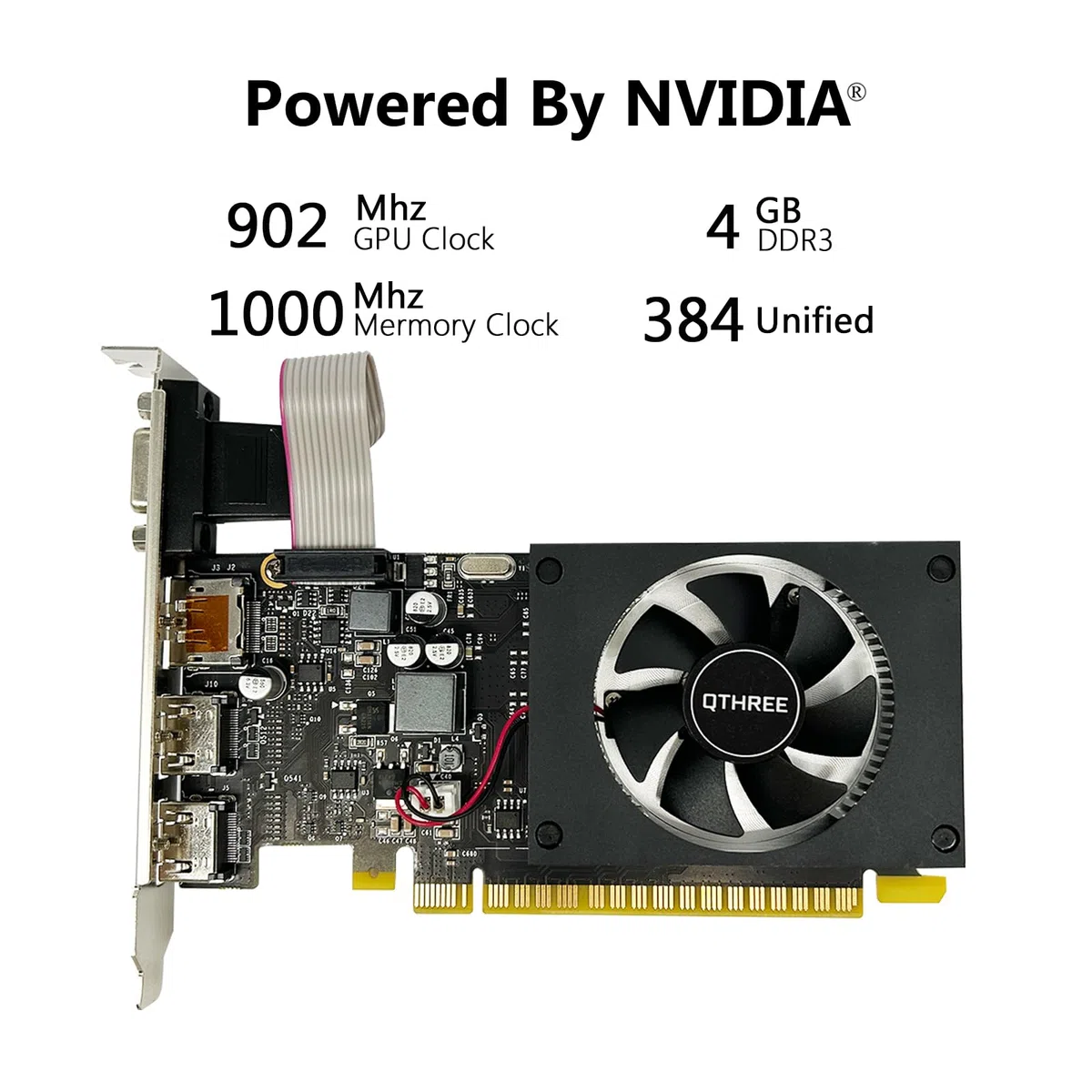 QTHREE GeForce GT 730 karta graficzna 4 GB 64-bitowa DDR3, 2x HDMI, VGA, DP, komputerowe karty wideo do gier PC, PCI E x8 2.0, obsługa 4 monitorów, Win11, DirectX 12, niskoprofilowa, (NVIDIA GeForce