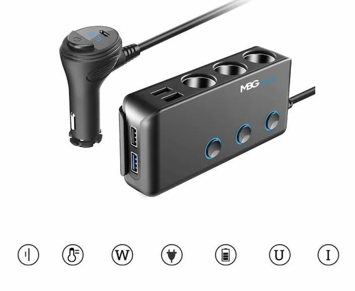 Ładowarka USB multiport| Rozdzielacz gniazda zapalniczki samochodowej HC67C 120W | 3 Gniazda 12V z włącznikami i woltomierzem, Adapter do pojazdów