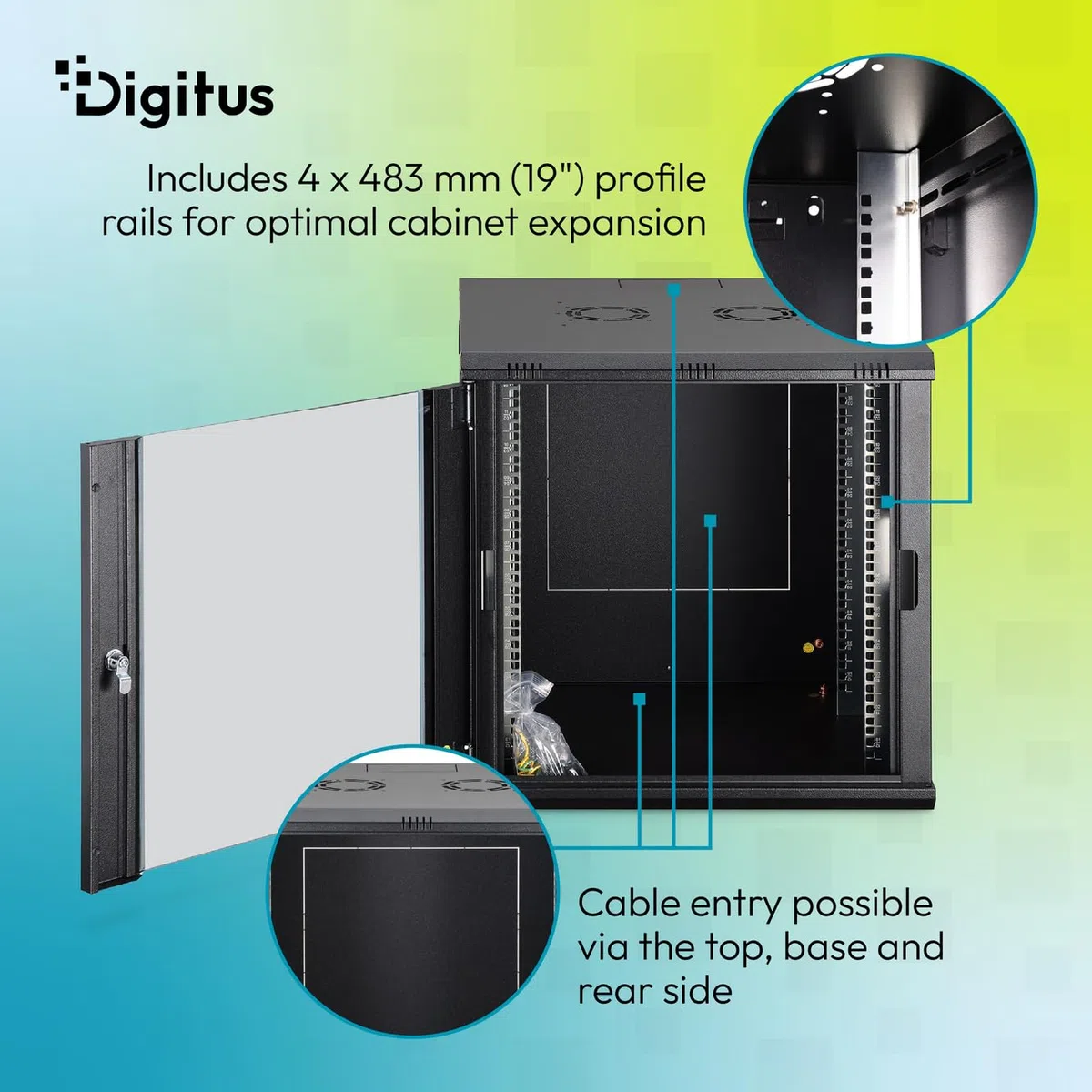 DIGITUS Szafa sieciowa – szafa 19-calowa 12U – niezmontowana – montaż na ścianie – głębokość 600 mm – głębokość użytkowa 470 mm – nośność 60 kg – szklane drzwi – seria Dynamic-N – czarna