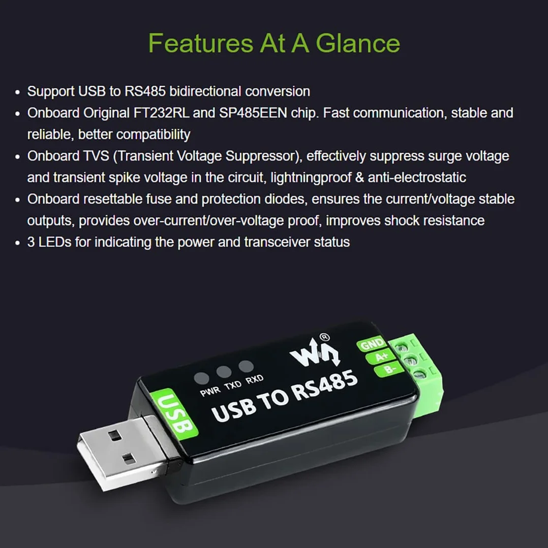 Waveshare Industrial USB to RS485 Converter with Original FT232RL Automatic Transceiving Embedded Protection Circuits Such as Fuse ESD Protection and TVS Diode