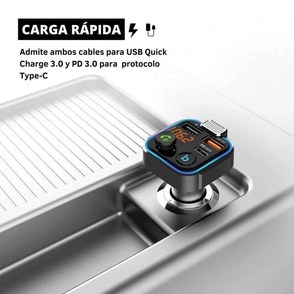 NK Bluetooth 5.0 samochodowy nadajnik FM – 3 porty ładowania: x 2 USB QC3.0 + x1 PD 3.0 typ C 20 W, funkcja głośnomówiąca, redukcja szumów, szybkie ładowanie, przycisk B: Hi-Fi głęboki bas (głośnik)