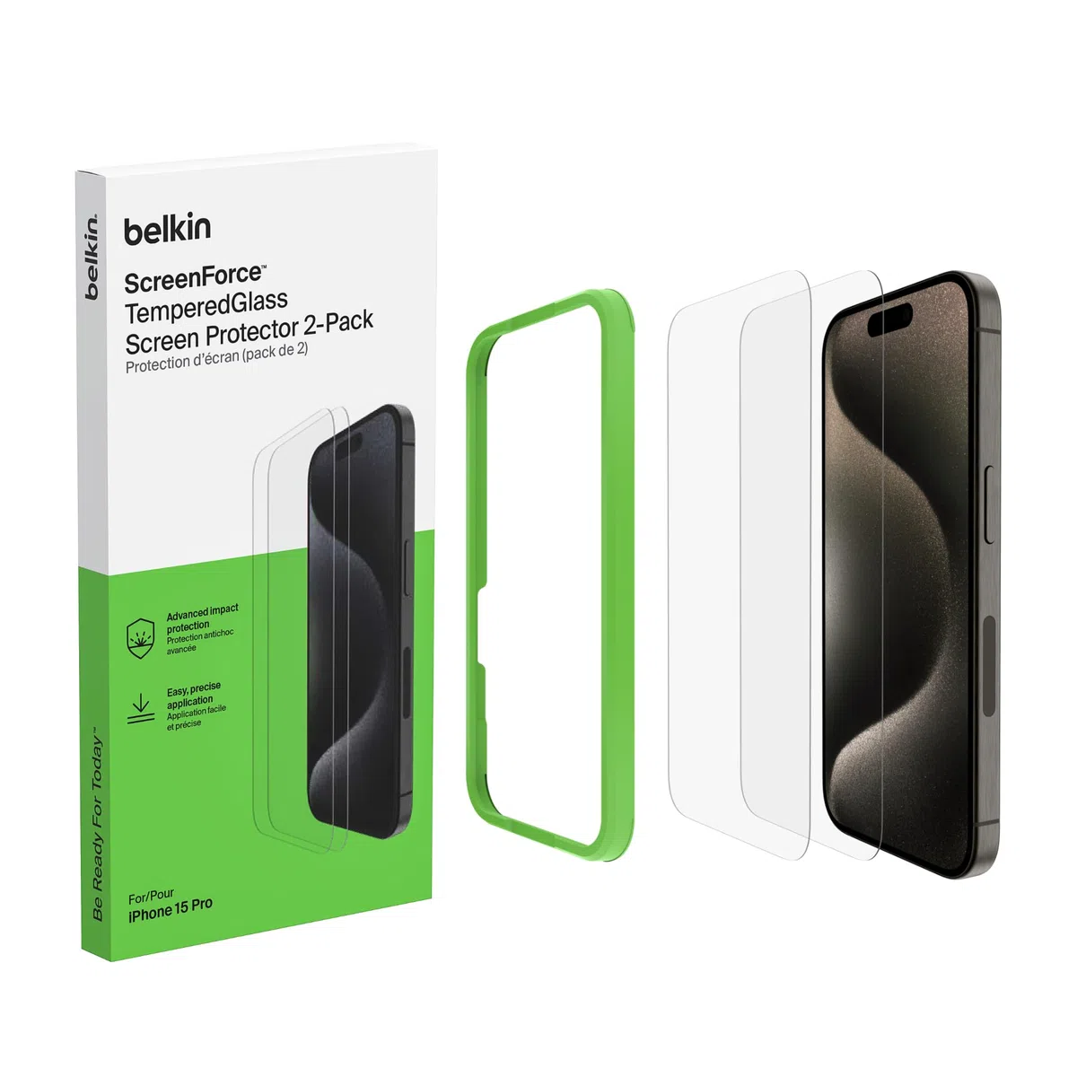 Belkin ScreenForce TemperedGlass Powlekane szkło ochronne do iPhone'a 15 Pro, przejrzyste, odporne na zarysowania, z ramką Easy Align do mocowania bez pęcherzyków powietrza, 2 szt, Amazon Exclusive