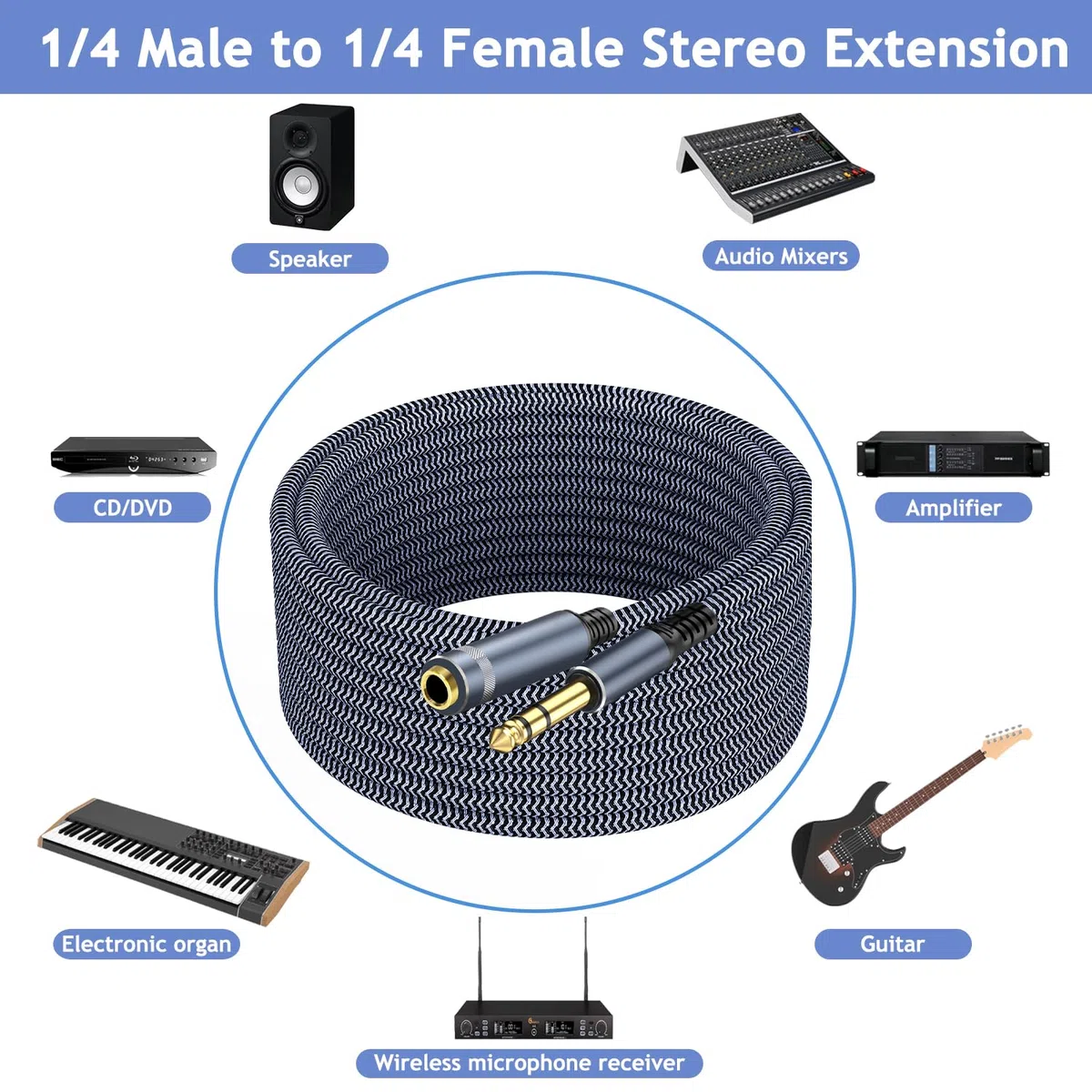 Przedłużacz 1/10.2 cm, 15 m, męski na żeński kabel do słuchawek stereo, kabel do gitary miedziany, pozłacane złącza, nieplączący się, kompatybilny z konsolą miksującą, głośnikiem