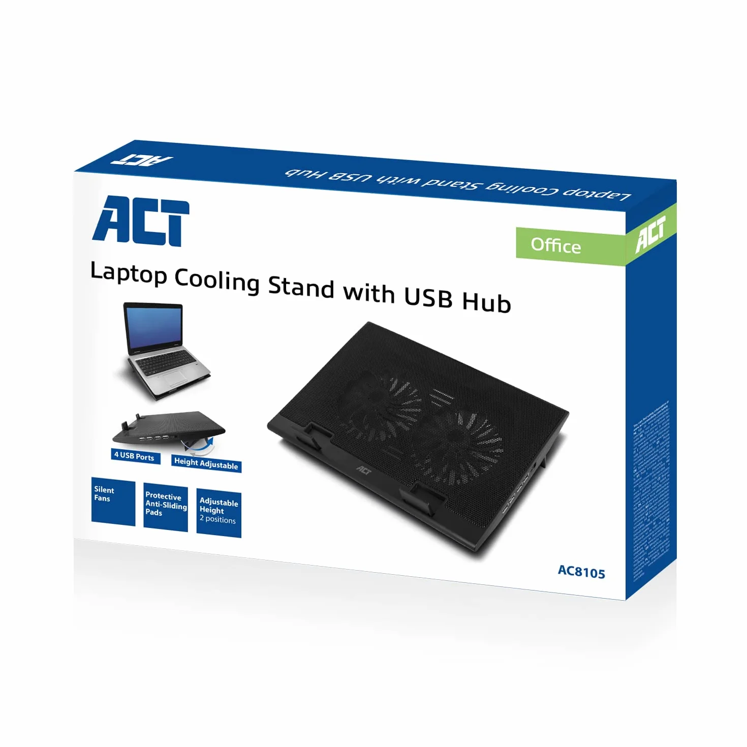 ACT Podkładka chłodząca do laptopa 43.2 cm, biznesowy stojak na laptopa z regulacją wysokości (2 ergonomiczne pozycje), 2 ciche wentylatory do biura, 4-portowy hub USB - AC8105