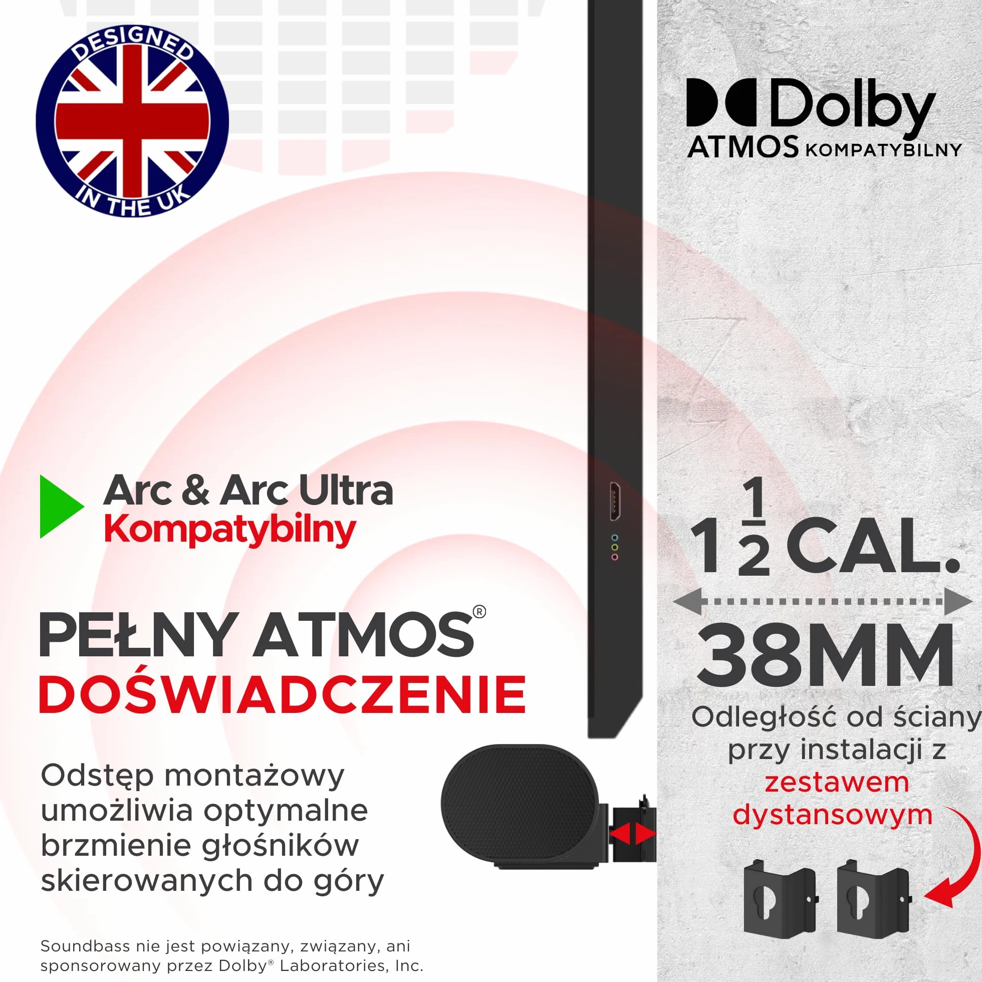 Soundbass Arc Uchwyt Ścienny, Czarny, Kompatybilny z Sonos Arc i Arc Ultra, Regulowana Głębokość, Wszystkie Akcesoria w Zestawie, Zaprojektowany w Wielkiej Brytanii