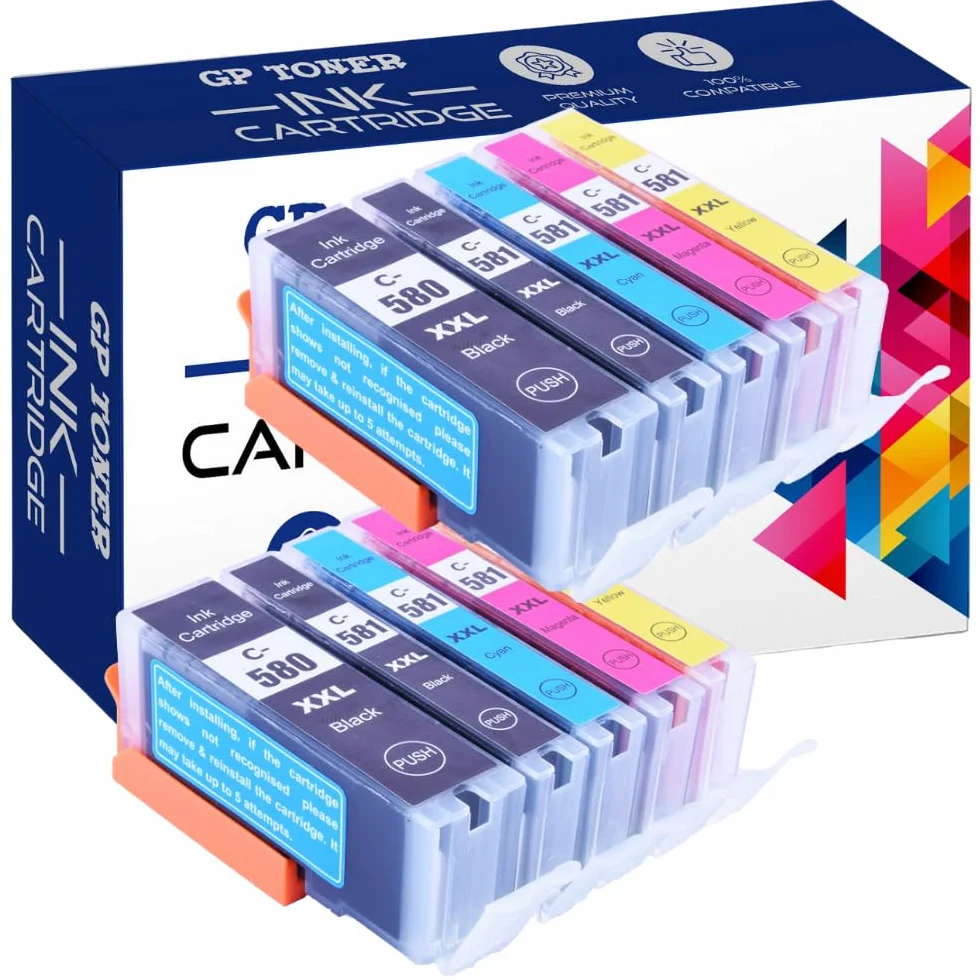 GP TONER Tusz zamiennik do Canon PGI-580PGBK CLI-581XXL do Pixma TS6150 TS6151 TS8150 TS8151 TS8152 TS9150 TS9155 TR7550 TR8550 TS6250 TS6251 (PGI-580 CLI-581XL Zestaw 2x(BK PBK C M Y) 10 szt)