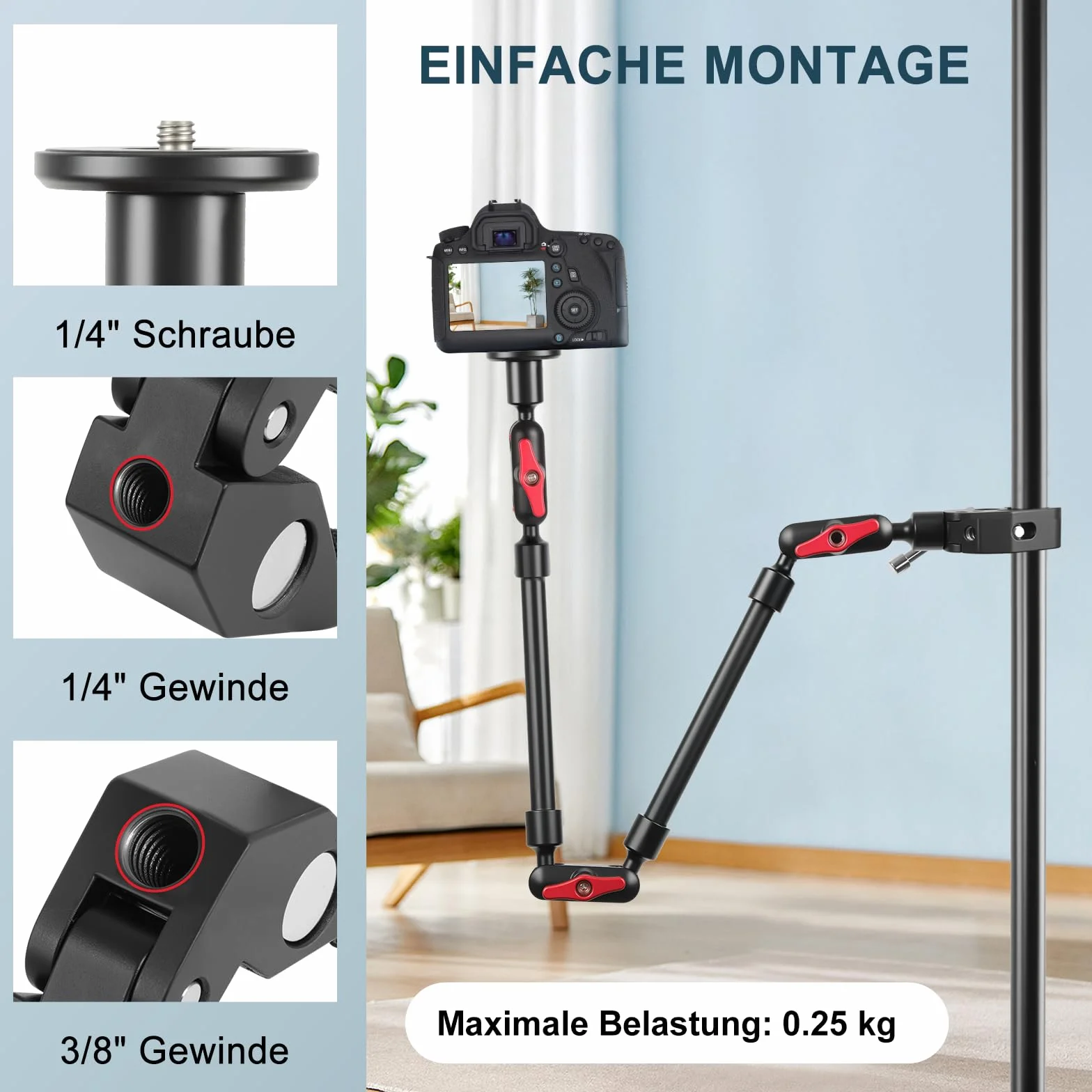 Magic Arm mit Super Clamp 23''/59 cm, ZAKVOP Webcam uchwyt z zaciskiem, elastyczny 360° Magic Arm Clamp z elastycznym ramieniem 1/4" 3/8", głowica kulowa, ramię kamery internetowej do aparatu, kamery