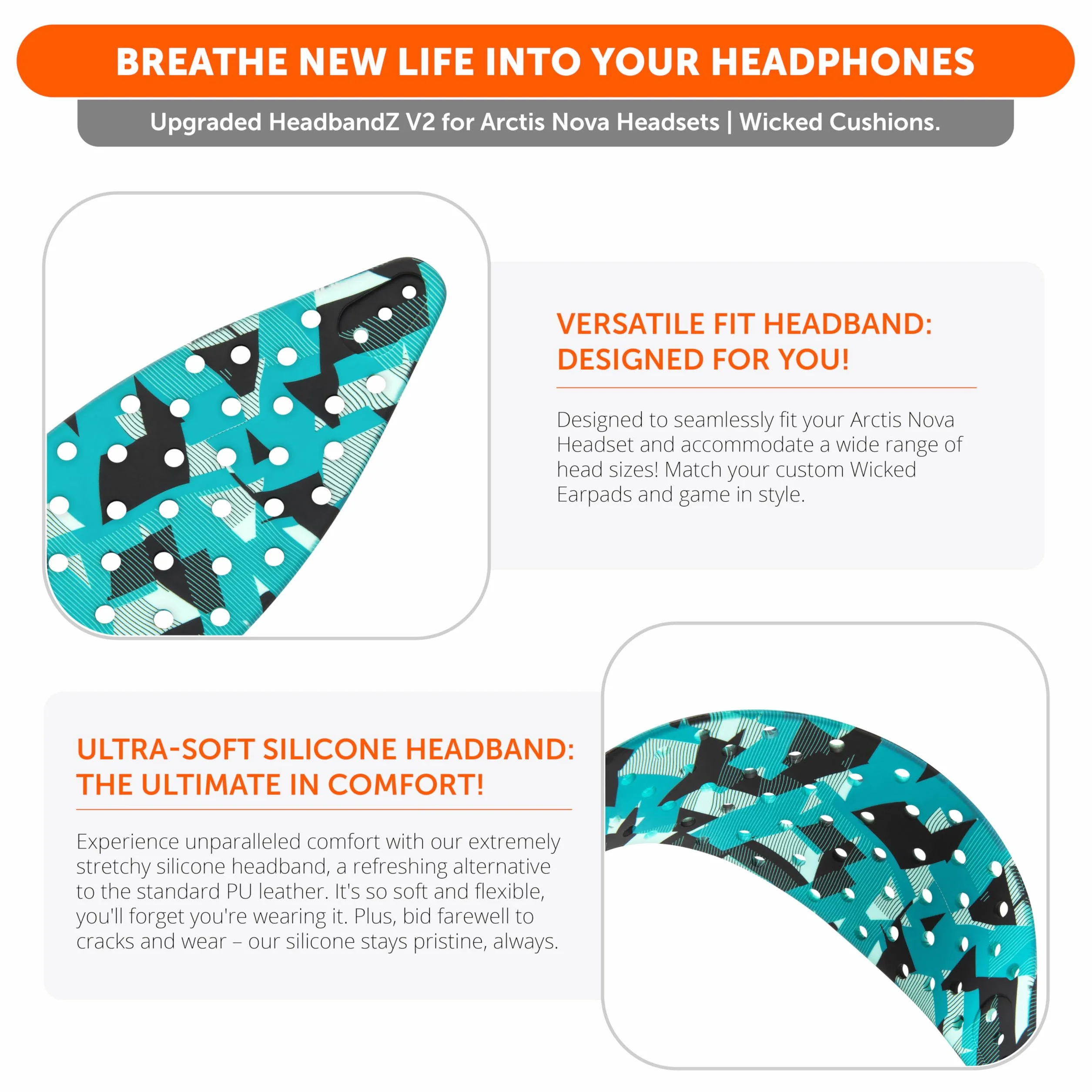 WC HeadbandZ Arctis Nova V2 - ulepszony szeroki silikonowy pałąk kompatybilny ze słuchawkami Arctis Nova firmy Wicked Cushions | Szersza konstrukcja rozkładająca ciężar | Cyan Prism