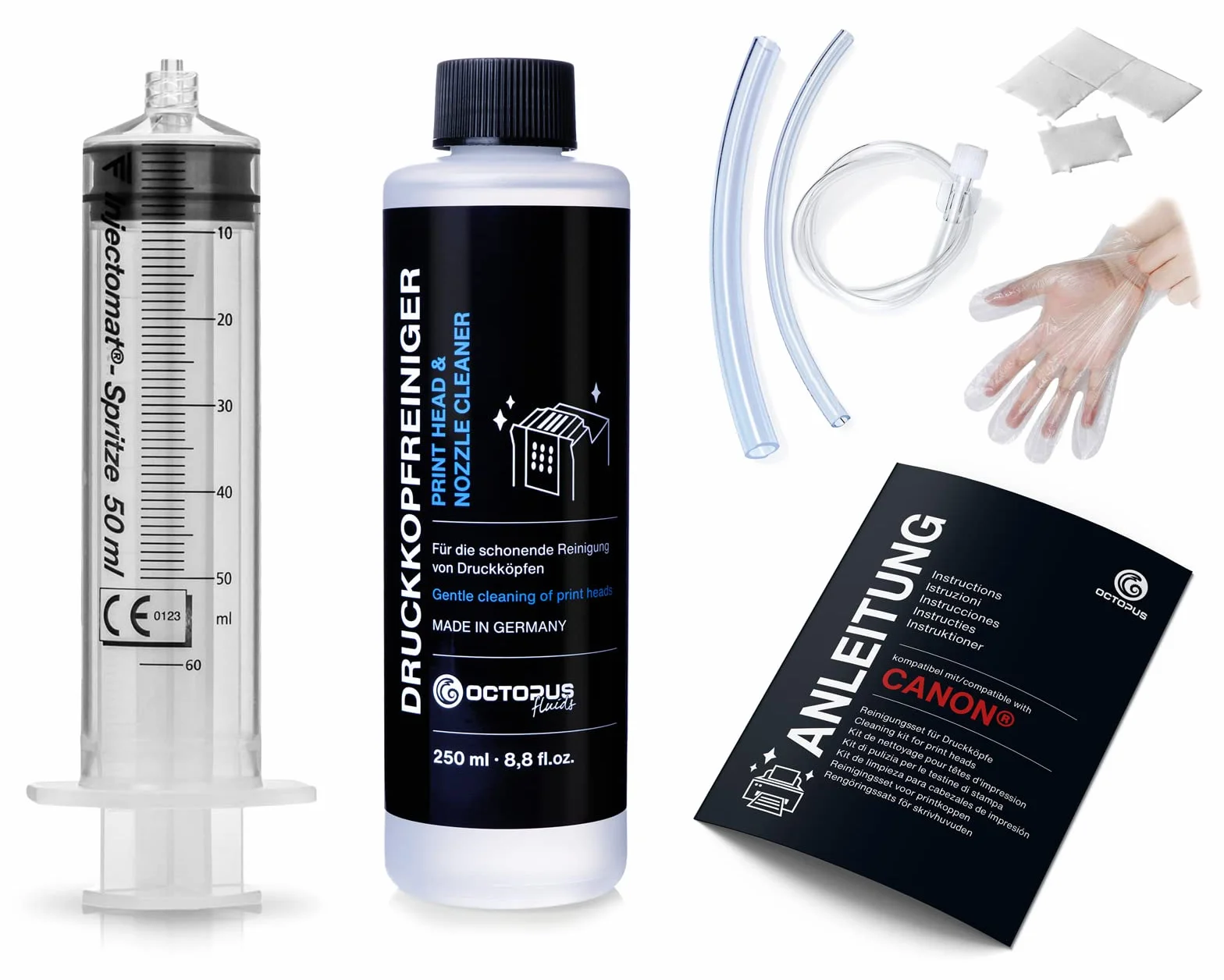 Octopus Środek do czyszczenia dysz, głowica drukująca, kompatybilny z głowicami drukującymi Canon Pixma z adapterami węża (250 ml)