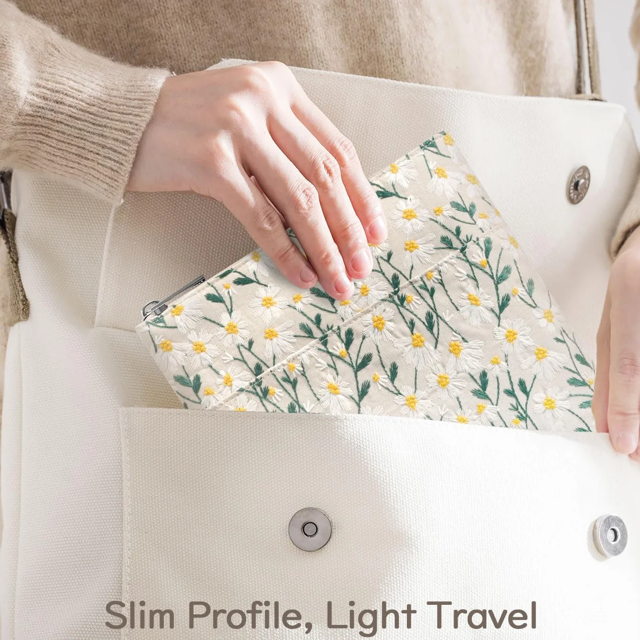 Dadanism Daisy Embroidered Book Sleeve with Zipper, Book Protector Pouch, Beige
