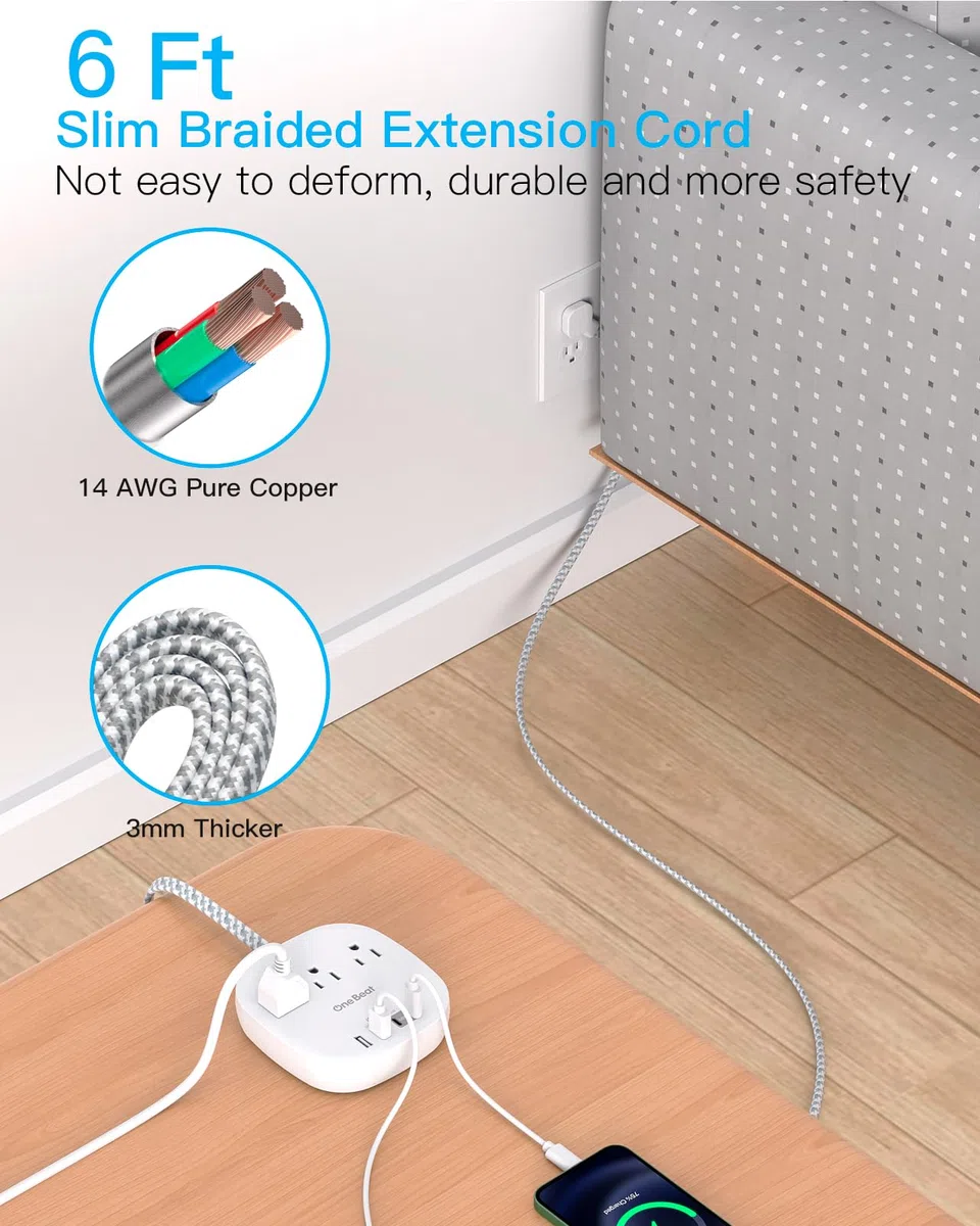 Płaska listwa zasilająca, ultra płaski przedłużacz 1,5 m, 3 gniazda, 4 porty USB (2 USB C), stacja ładująca, listwa zasilająca bez ochrony przed przepięciem, do statku wycieczkowego, podróży