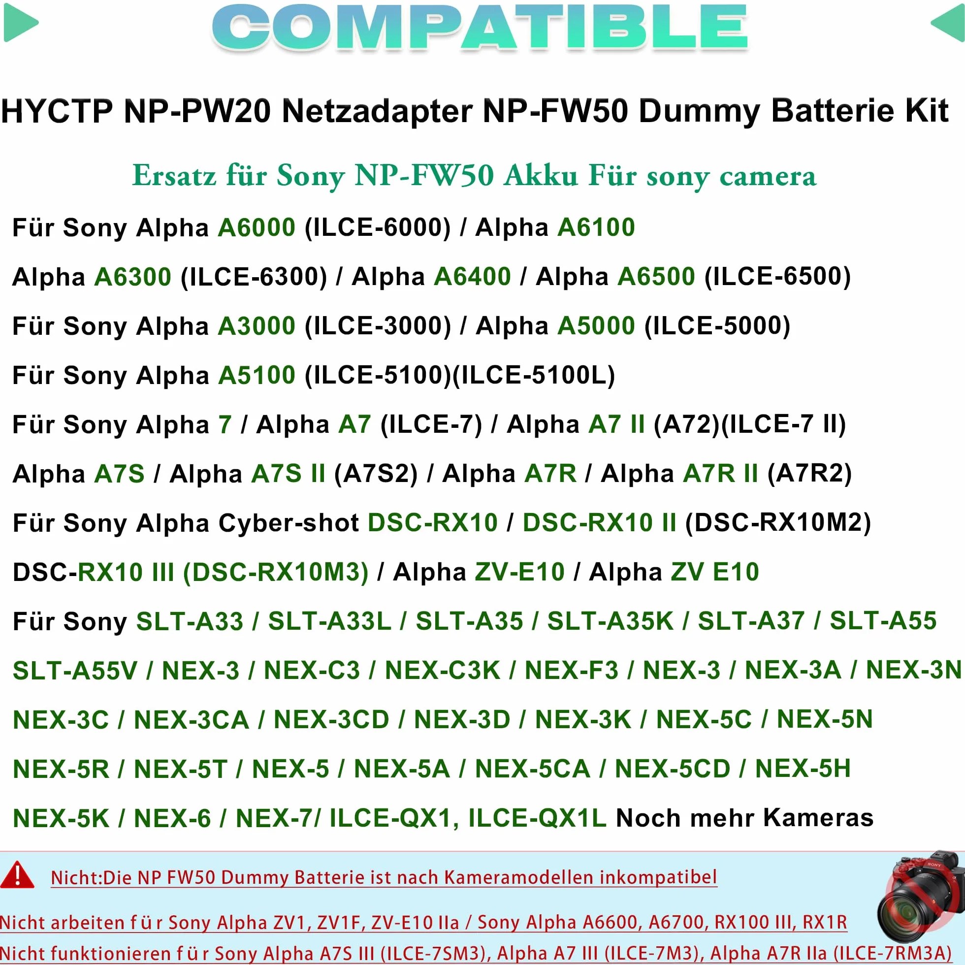 AC-PW20 NP-FW50 zestaw perkusyjny zastępuje akumulator NPFW50 do Sony Alpha ZV-E10 A6000 A6400 A6500 A5000 A7 A7II A7S A7SII A7R A7RII