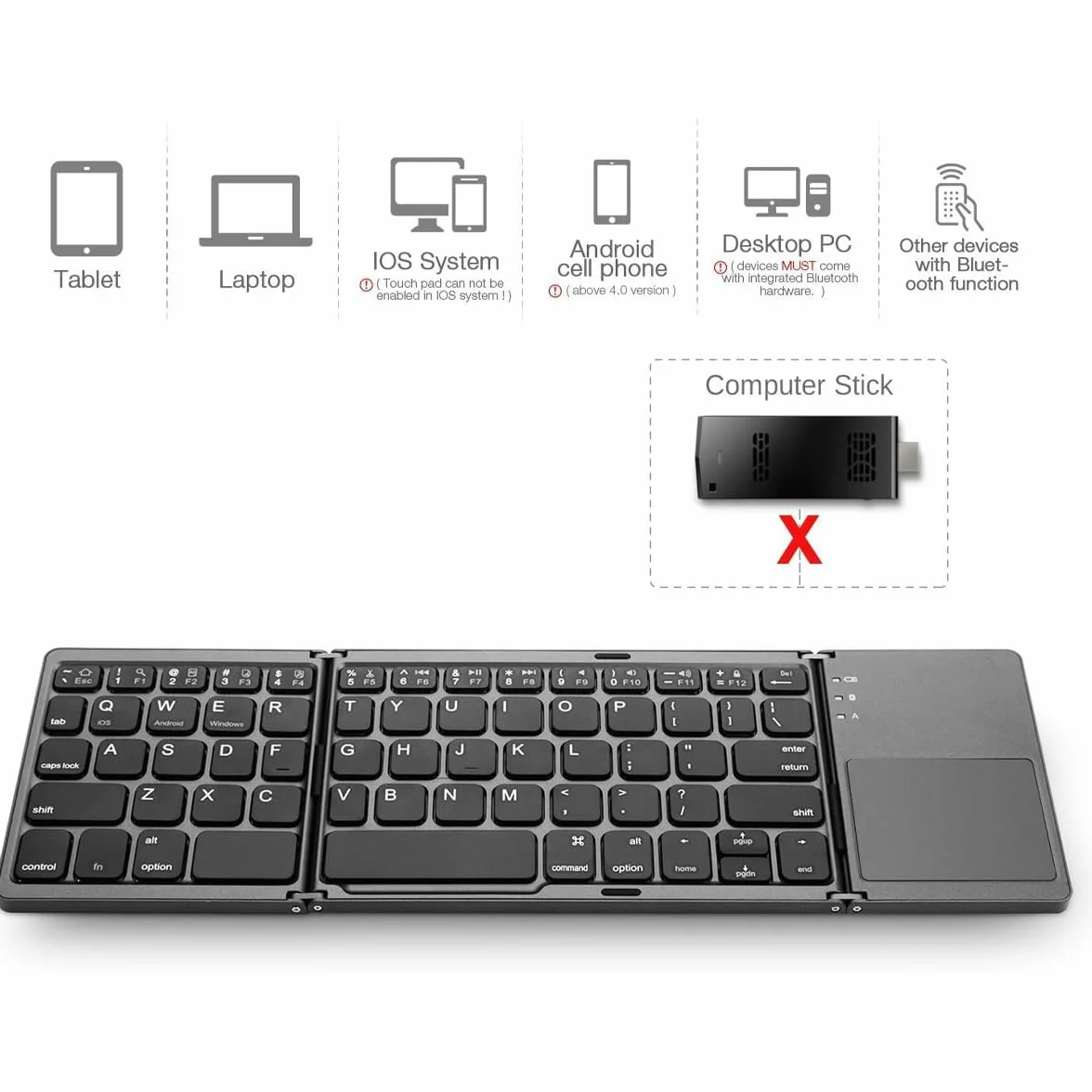 Bezprzewodowa składana klawiatura Bluetooth z gładzikiem, ładowalna mini