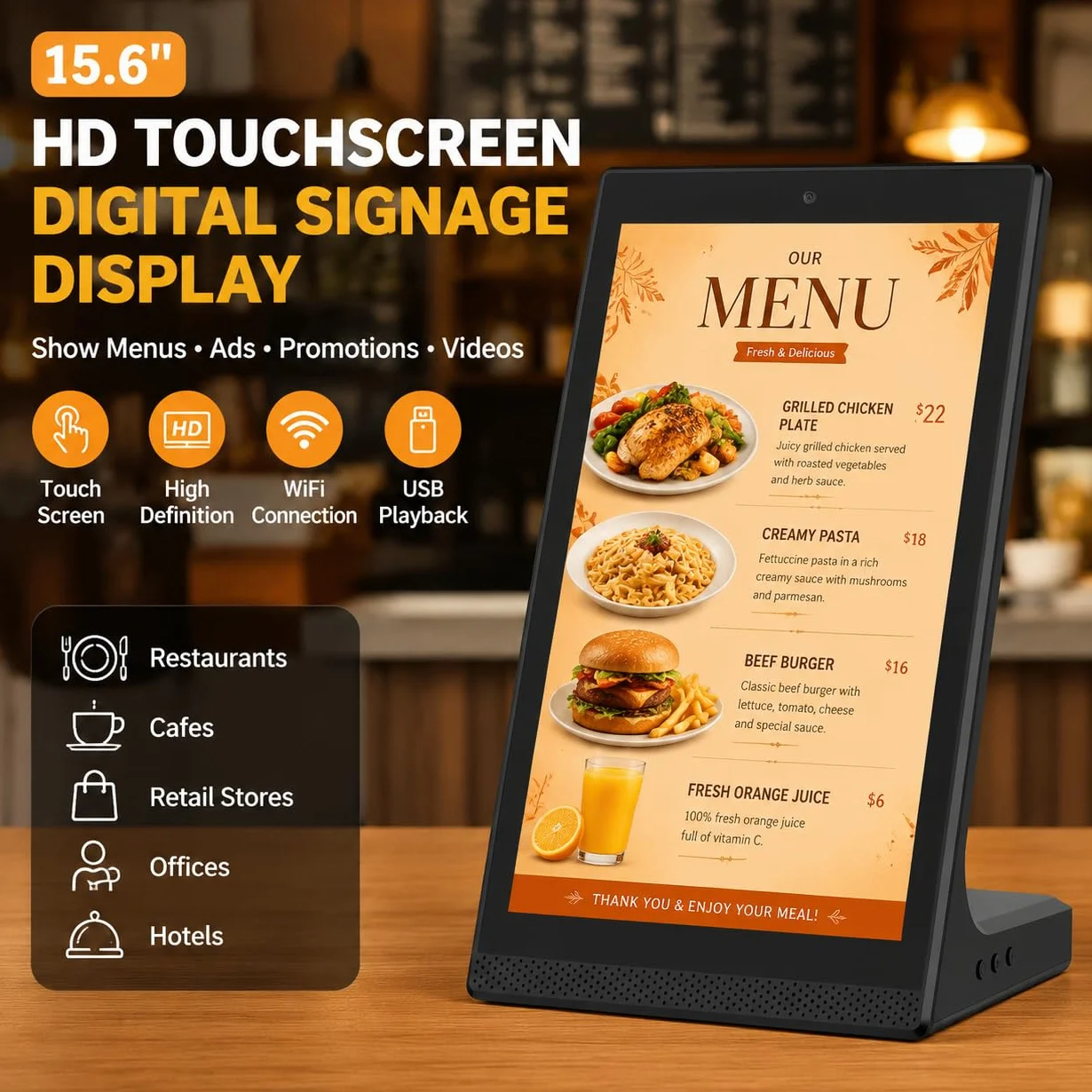 15,6-calowy ekran dotykowy do cyfrowej reklamy (Digital Signage) dla małych firm, cyfrowa tablica menu z Wi-Fi i USB, elektroniczny ekran reklamowy do restauracji, kawiarni i sklepu