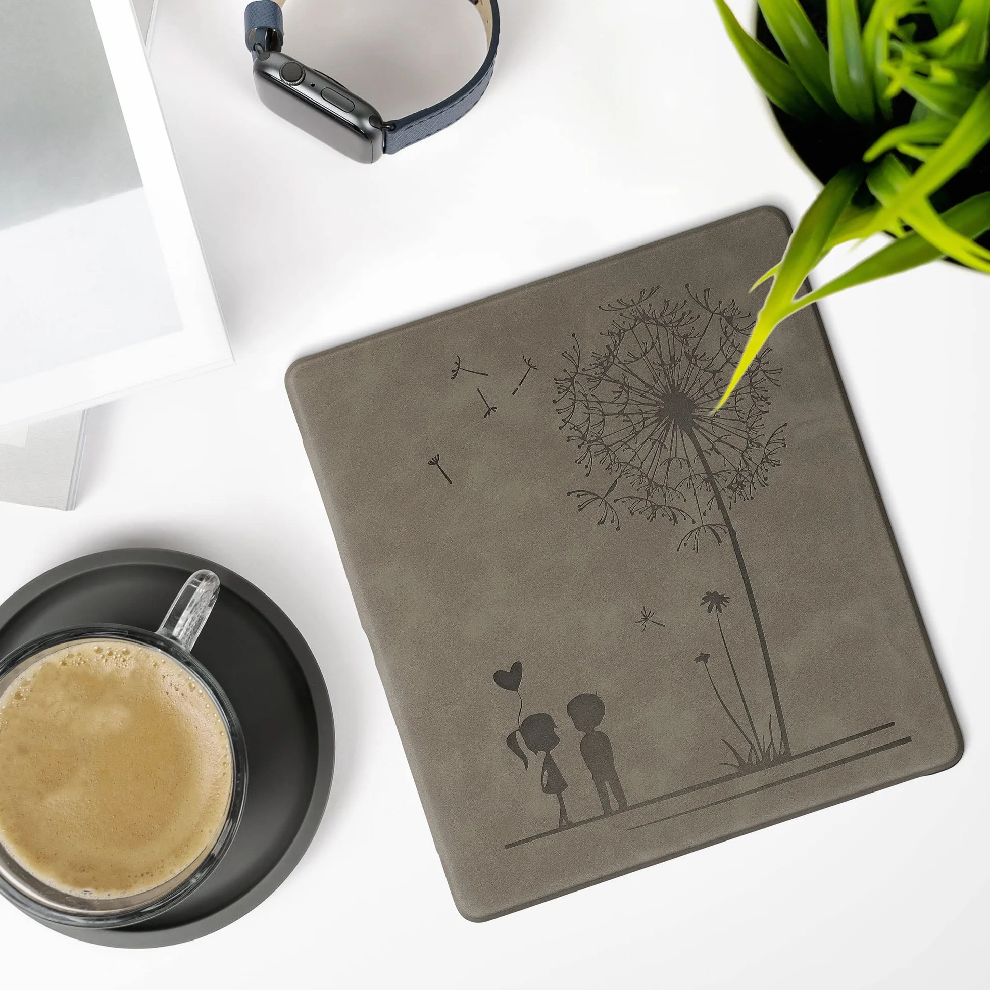 kwmobile Etui ochronne do Amazon Kindle Scribe (2022/2024) – futerał z ekoskóry, automatyczne usypianie, szary dmuchawiec Love