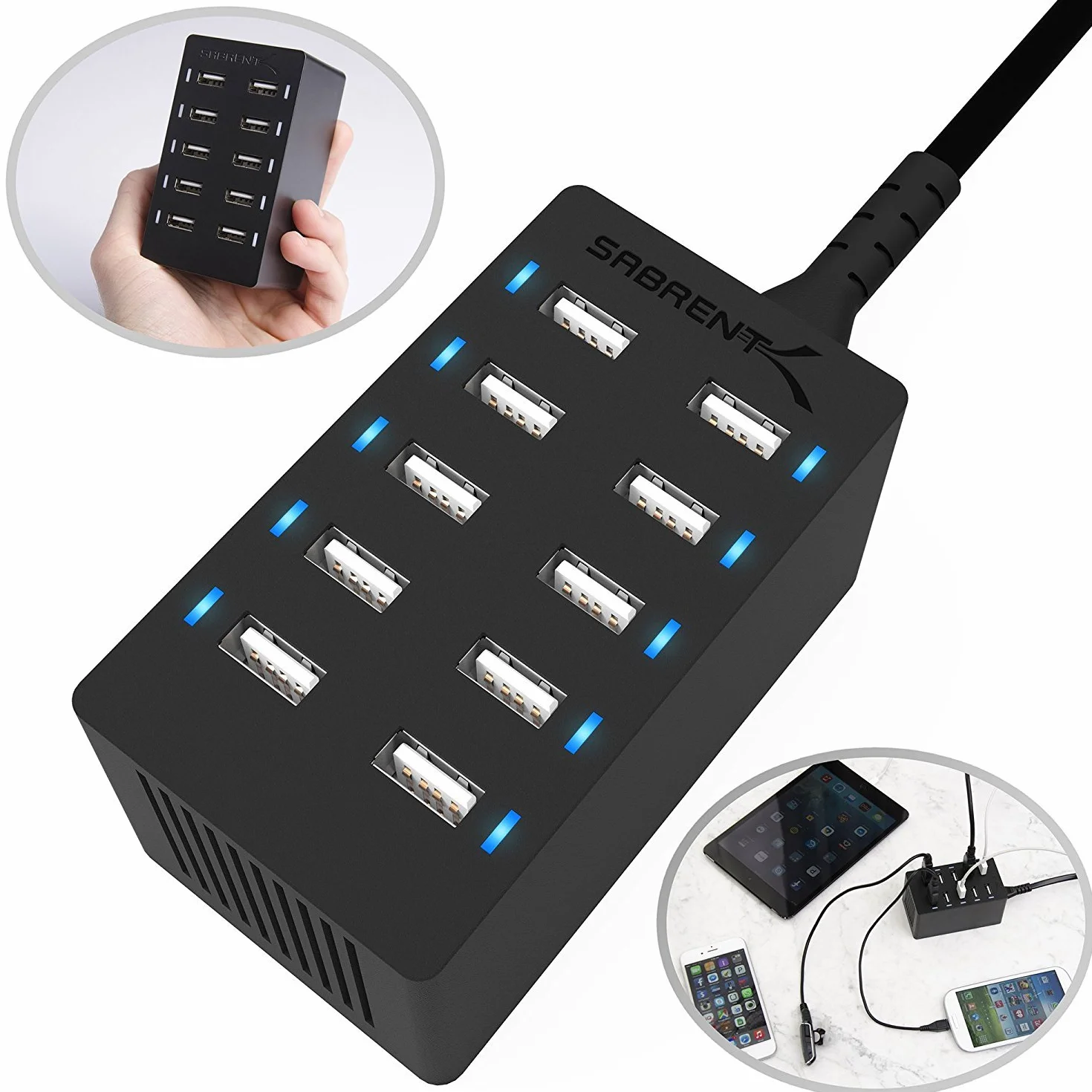 SABRENT Inteligentna ładowarka USB, 60 W, 10 portów, szybka ładowarka z zasilaczem, stacja ładująca Multi USB, ładowarka ścienna kompatybilna z produktami Apple i smartfonami, przenośnymi głośnikami