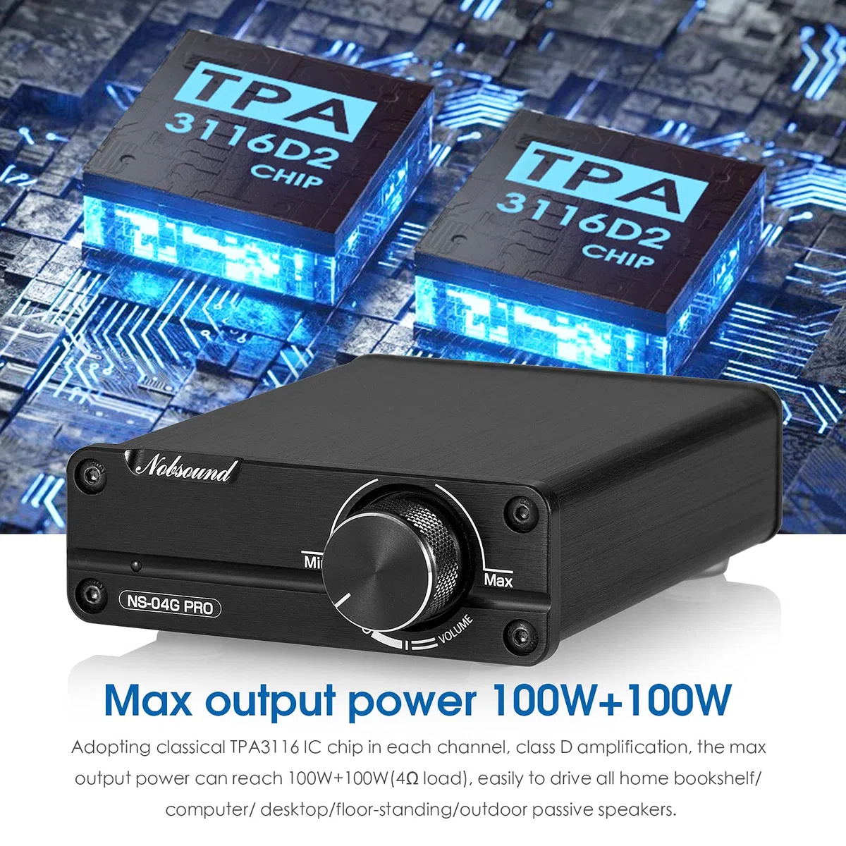 Nobsound, HiFi Mini Dual TPA3116 cyfrowy wzmacniacz stereo wysokiej jakości kanał 2.0 100 W x 2 z przedwzmacniaczem NE5532P, czarny
