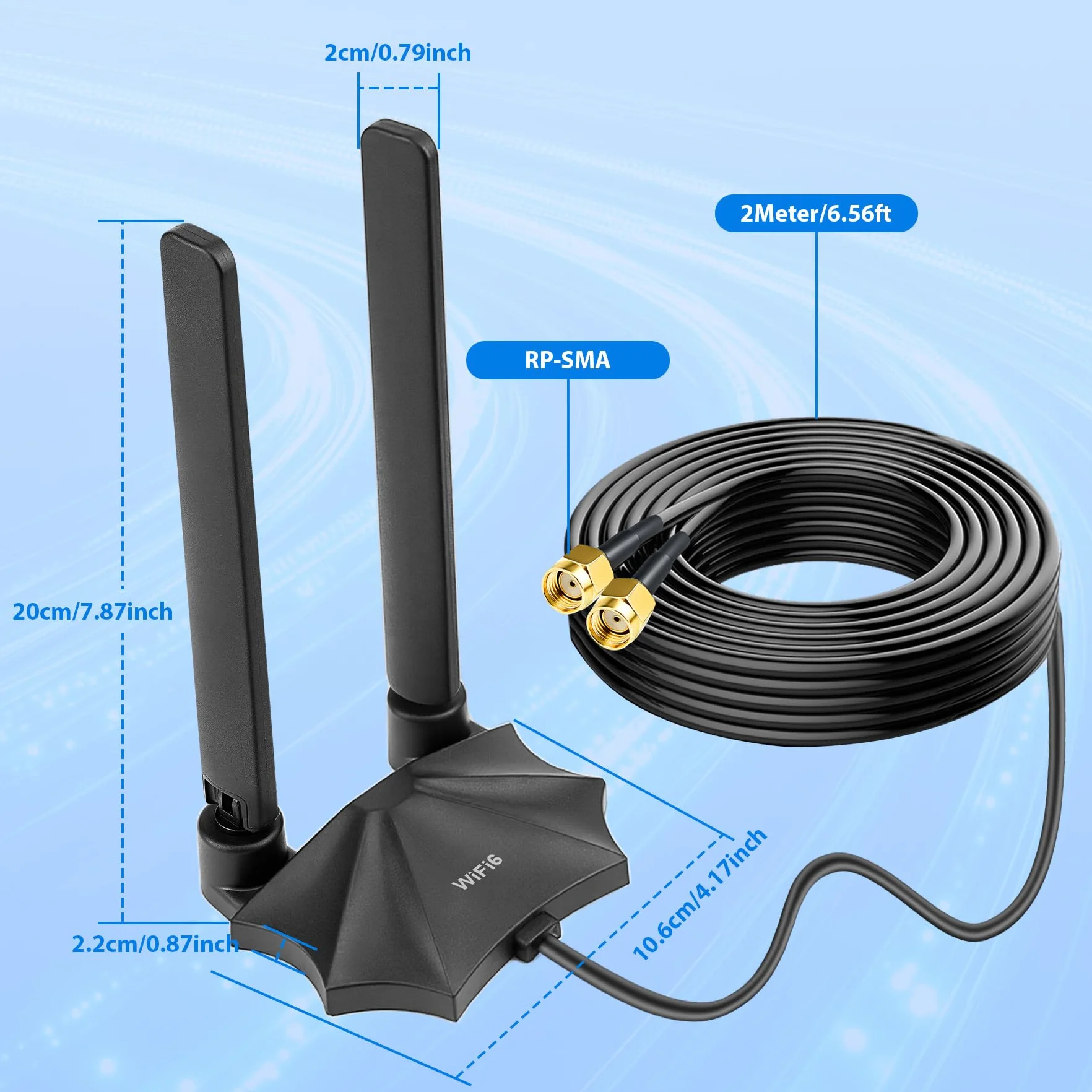 Trójzakresowa antena WiFi 6E RP-SMA z podstawą magnetyczną i przedłużaczem o długości 2 m do komputera, płyty głównej Bluetooth, routera WiFi 6, kamery Wi-Fi, karty PCI