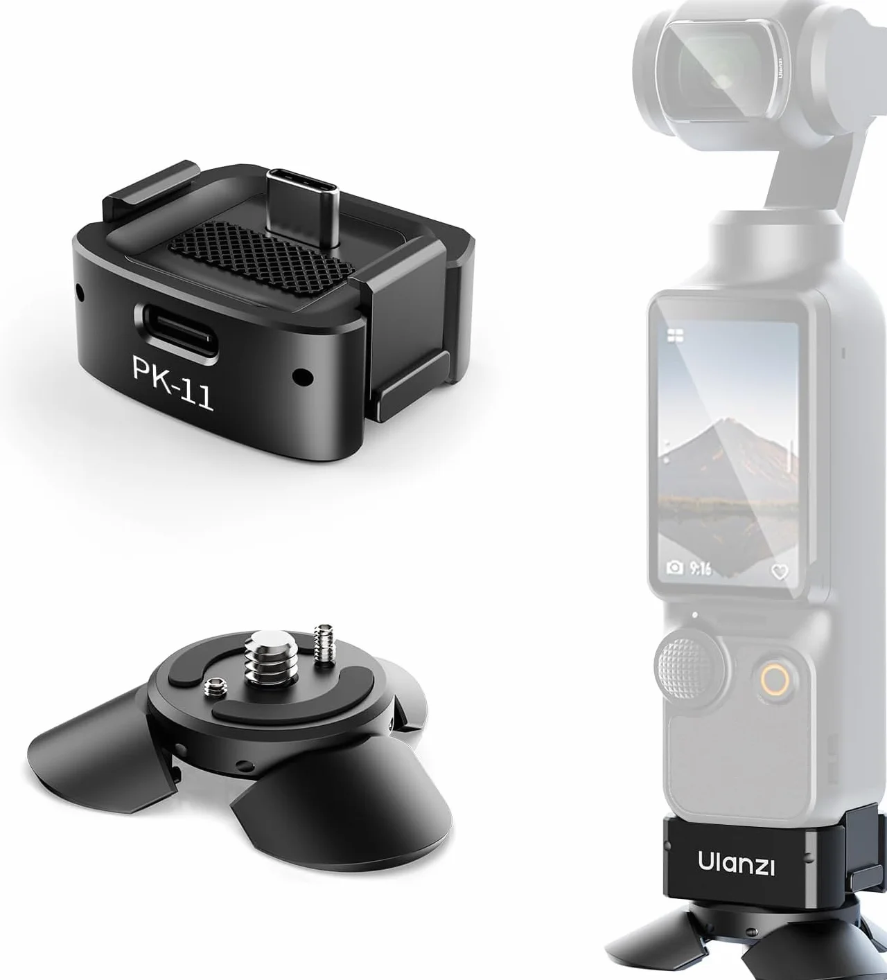 ULANZI Zestaw mini statywu z szybkim uwalnianiem do DJI Osmo Pocket 3, w pełni funkcjonalny port typu C, podstawa adaptera ładującego do Pocket 3 akcesoria z otworem na śrubę 1/4 do statywów (PK-08 i
