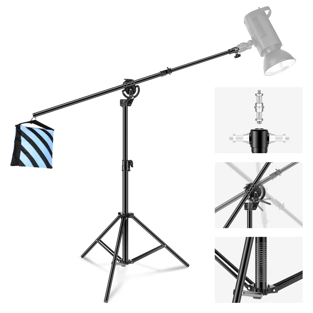 Neewer Stojak na oświetlenie fotograficzne 2 w 1, statyw ze stopu aluminium 3 m, wytrzymały statyw z ramieniem wysięgnika 1,2 m i pustym workiem z piaskiem do oświetlenia wideo, stroboskopu, Czarny