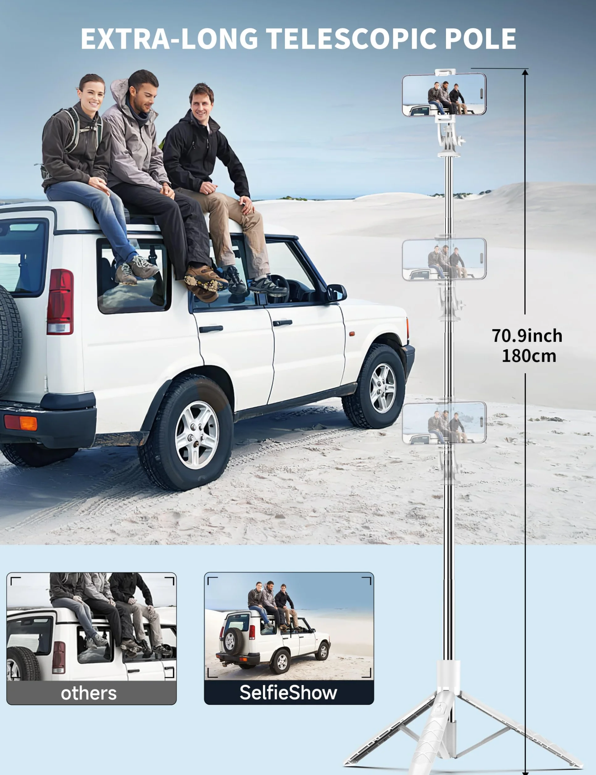 Statyw selfie stick 180 cm, rozszerzalny statyw do telefonu komórkowego All-in-1 z bezprzewodowym pilotem zdalnego sterowania, uchwyt na telefon komórkowy kompatybilny z Gopro, iPhone, Samsung