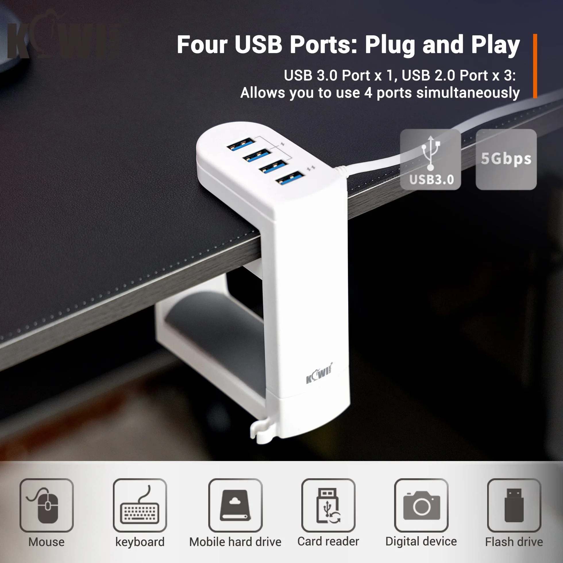 KIWIFOTOS Stojak na słuchawki z obrotowym wieszakiem na słuchawki o 360° + regulowanym zaciskiem sprężynowym, uchwyt na słuchawki do gier na biurko - z USB 3.0 x1 + USB 2.0 x3 - biały