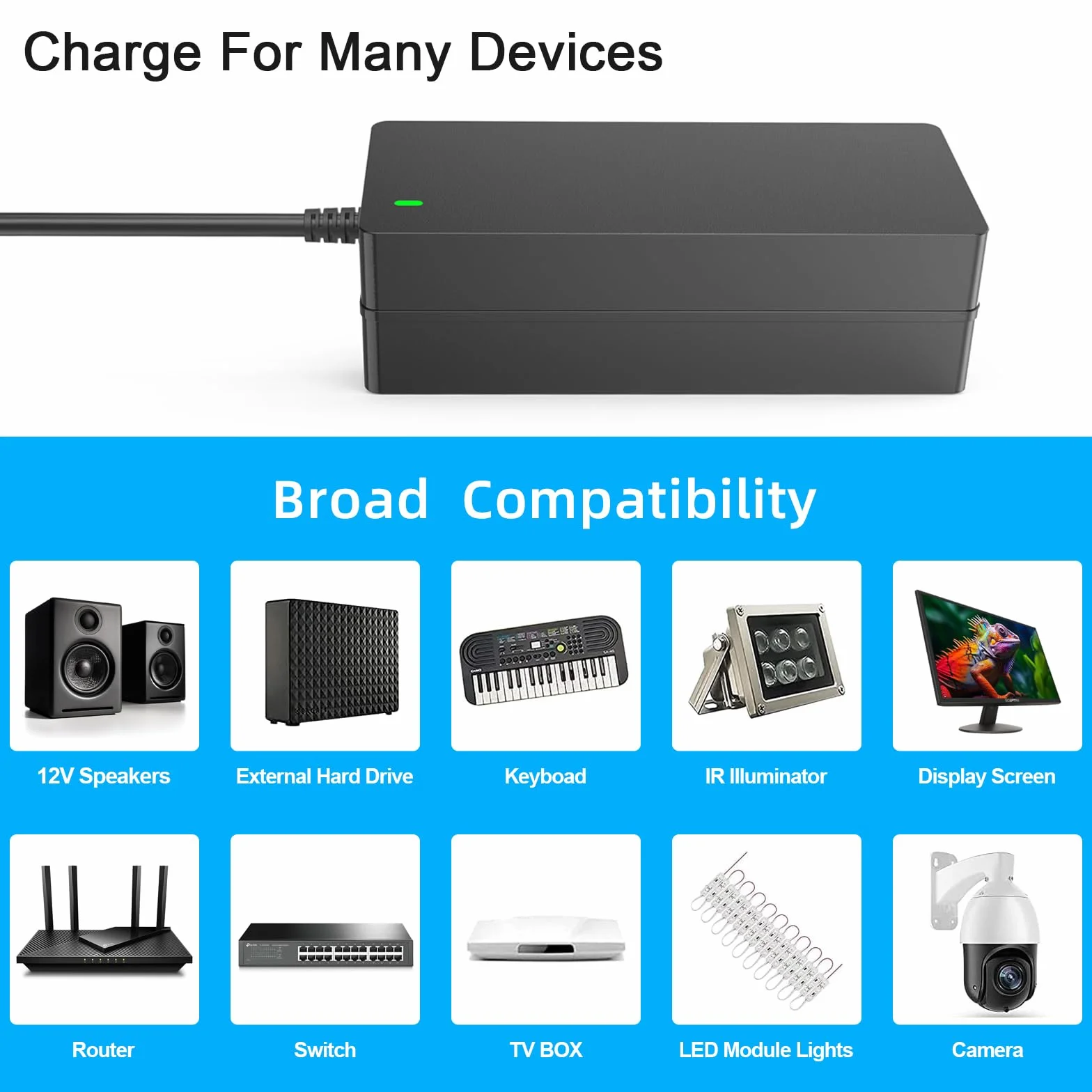 Zasilacz 12 V 5 A CCTV, 12 V, 5 A, zasilacz do kamery bezpieczeństwa z 8-drożnym kablem rozdzielacza, kompatybilny z kamerami Lorex, Samsung, Q-See, Night Owl, Swann, Annke IP i BNC
