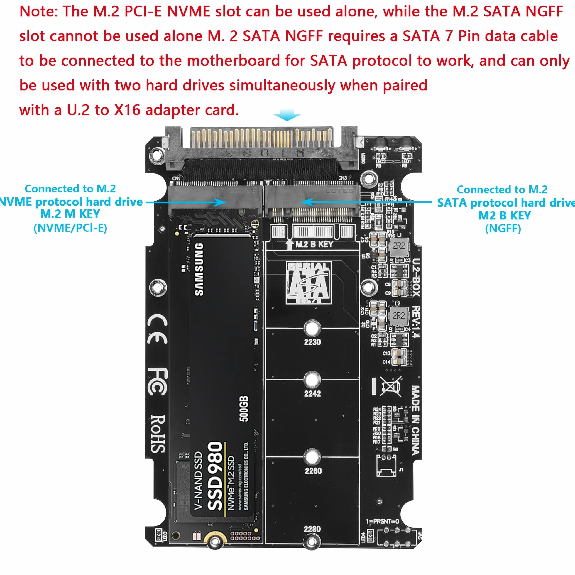 GINTOOYUN Karta adaptera 2 w 1 M.2 NVMe/NGFF do U.2 - klucz M/M.2 SATA NGFF do U.2(SFF-8639) SSD Box