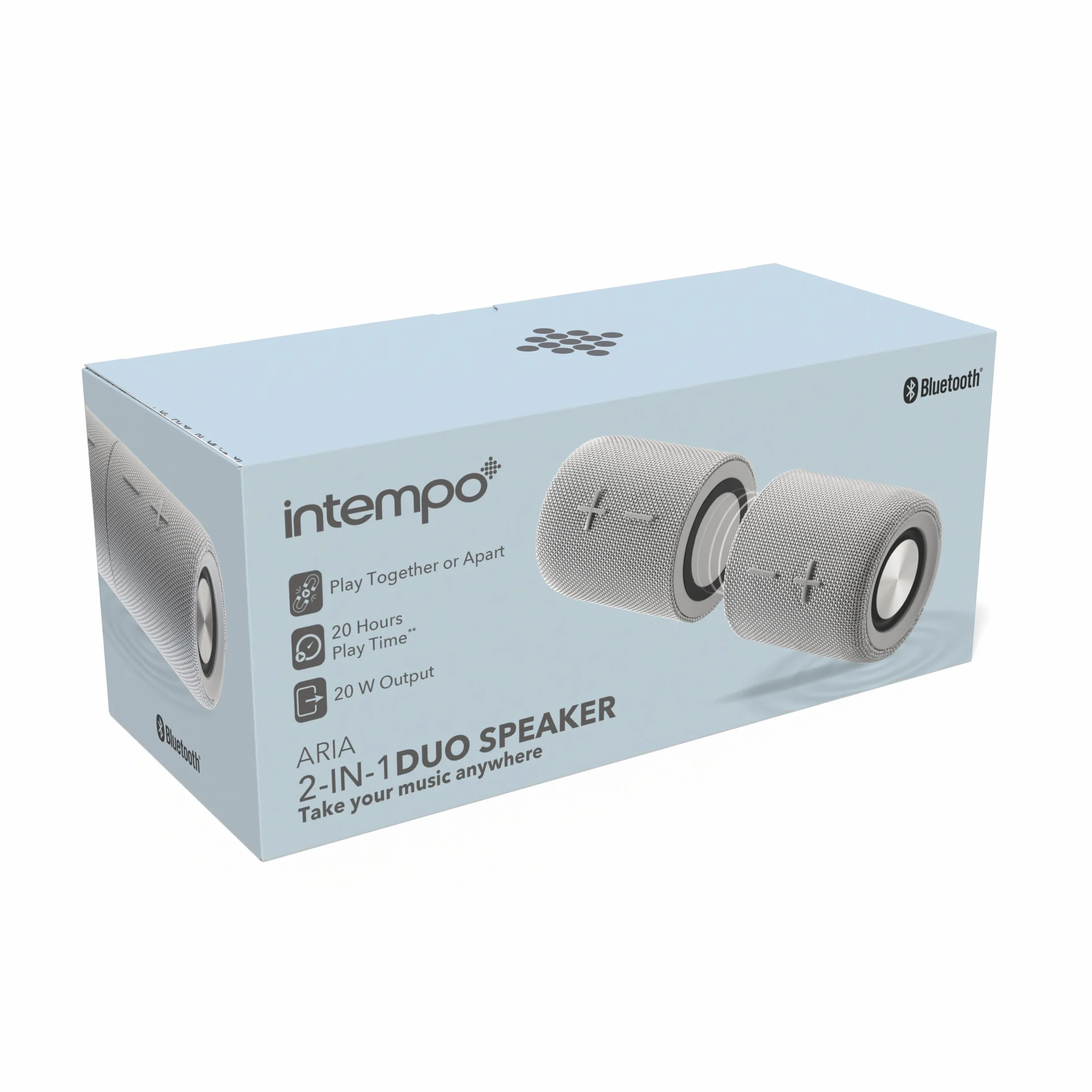 Intempo Aria Duo Głośnik Bezprzewodowy – Magnetyczne Głośniki Bluetooth 6.0 20 W, Tryb TWS, Dźwięk Stereo HD, Akumulator, Uchwyt, Wodoodporność IPX4, USB‑C, Szary
