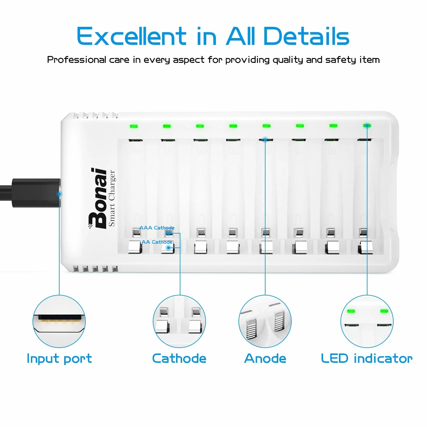 BONAI Akumulatory AAA i 8-gniazdowa ładowarka z kablem USB – Zestaw