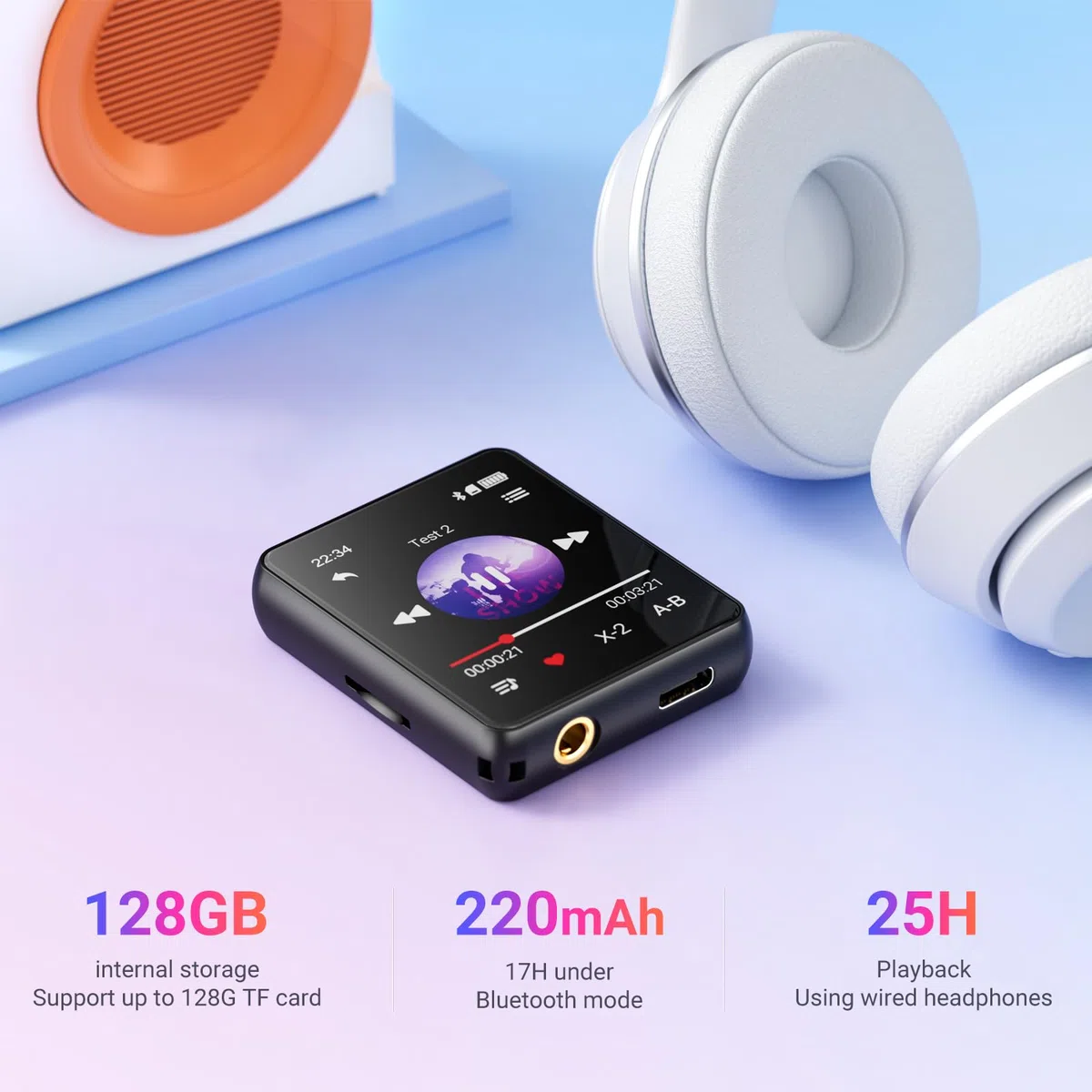 Odtwarzacz MP3 z Bluetooth - 128GB Odtwarzacz Muzyczny, Wbudowany Głośnik i radio FM, 1,8'' Mini Ekran Dotykowy MP3 - Idealny dla Dzieci i Sportu (czarny)