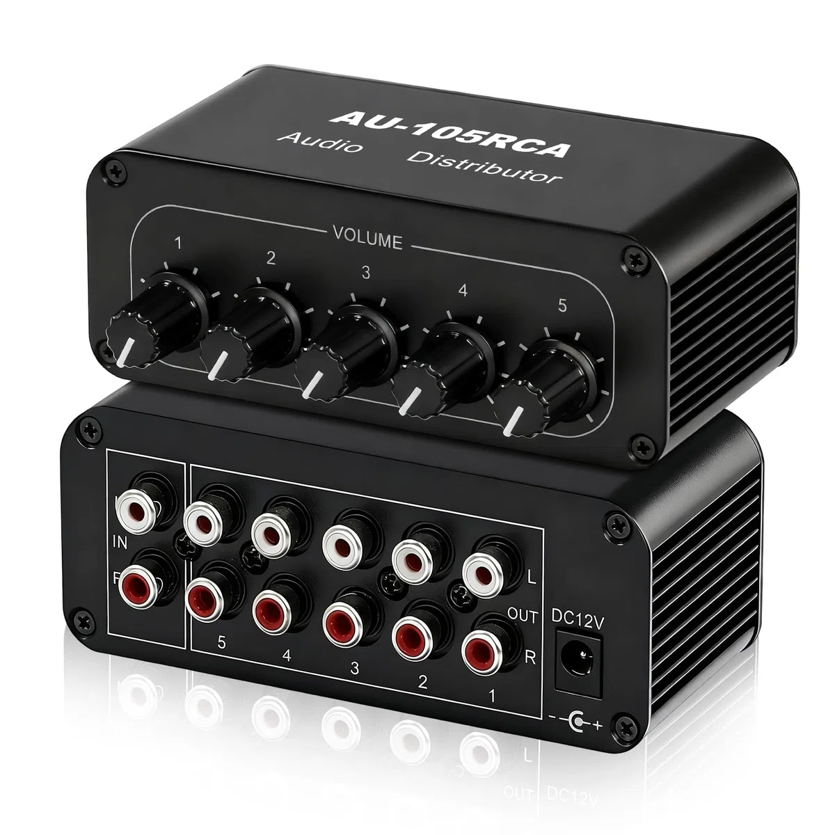 5-drożny rozdzielacz audio stereo RCA, 1 w 5 wyjściach, wzmacniacz dystrybucji audio, rozdzielacz sygnału RCA, do głośników, słuchawek, wzmacniaczy, z regulacją głośności, wzmocnienie 6dB