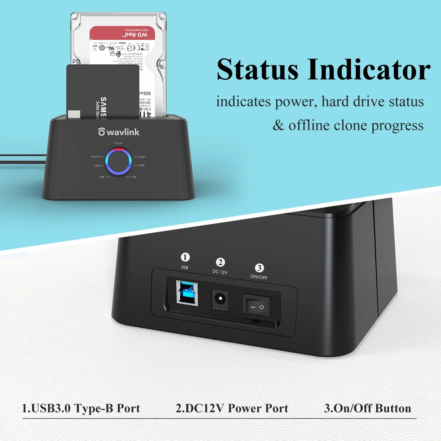 WAVLINK Dual Bay SATA do USB 3.0 / USB C zewnętrzne dyski twarde stacja dokująca do 2,5 lub 3,5-calowego dysku twardego, funkcja kopiowania/klonowania dysków twardych - czarna